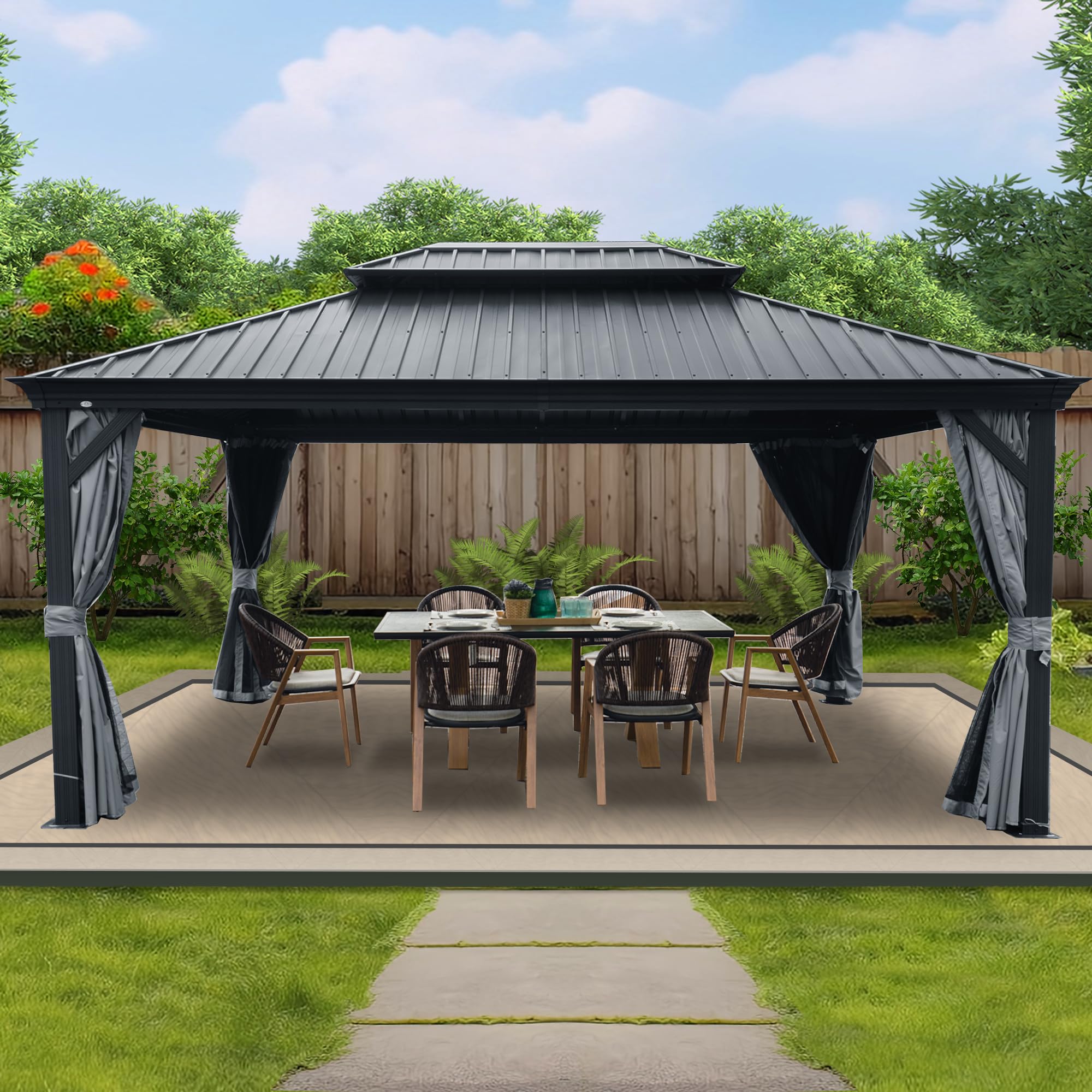 Kozyard Alexander 12' X 16' Hardtop Gazebo, Aluminum Metal Gazebo With Galvanized Steel Double Roof Canopy, Curtain And Netting,