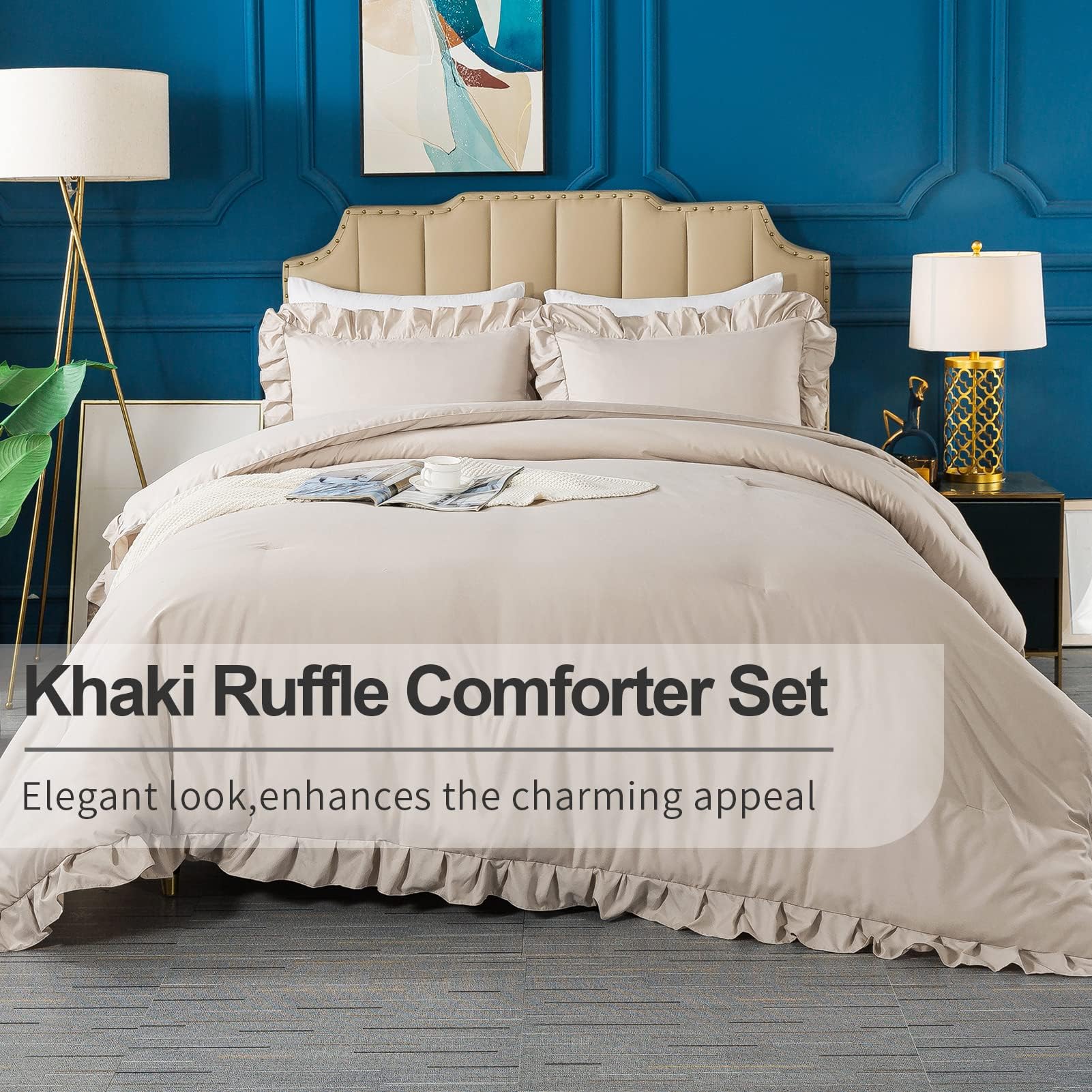 Andency California King Comforter Set Khaki (104X96Inch), 3 Pieces Cal King Ruffle Comforter, Oversized Farmhouse Shabby Chic Bed Comforter, Lighteweight And Soft Microfiber Bedding Set