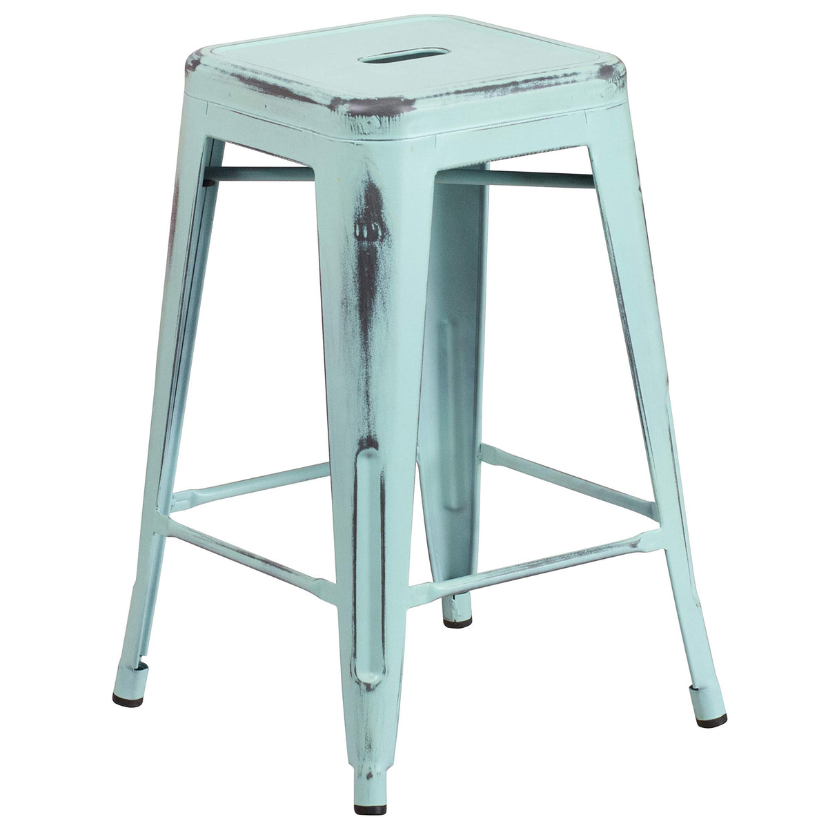 Flash Furniture Commercial Grade 24&quot; High Backless Distressed Green-Blue Metal Indoor-Outdoor Counter Height Stool