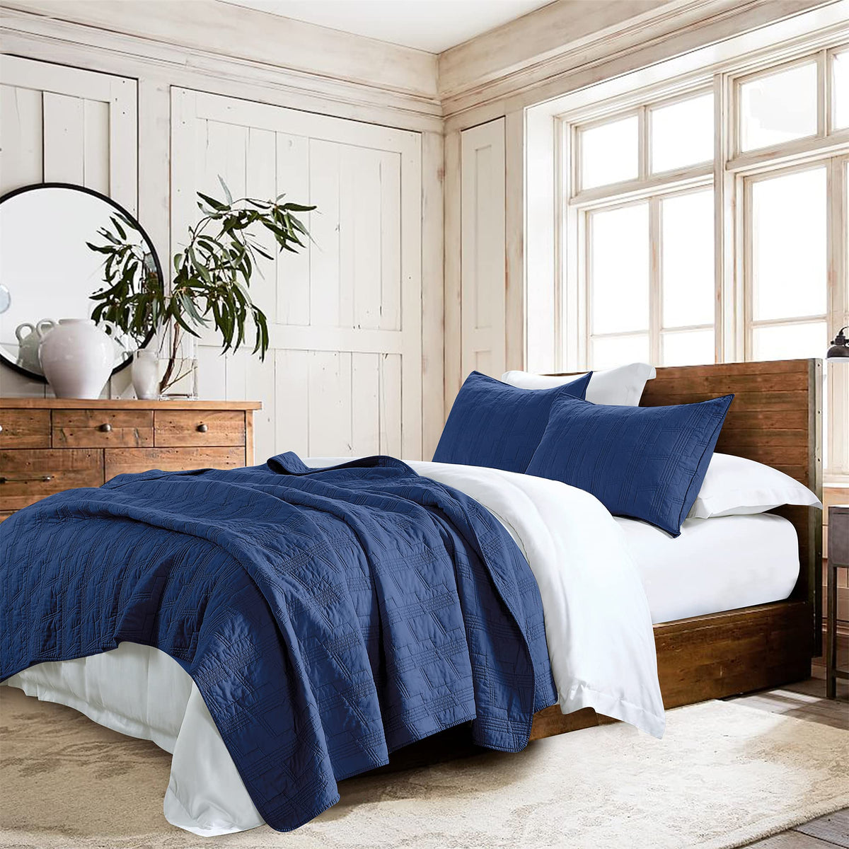 100 Cotton Quilt Set King Size, Navy Blue Pre-Washed 3-Piece Bedspread Coverlet Set, Cozy Lightweight Stitching Decorative Beddi