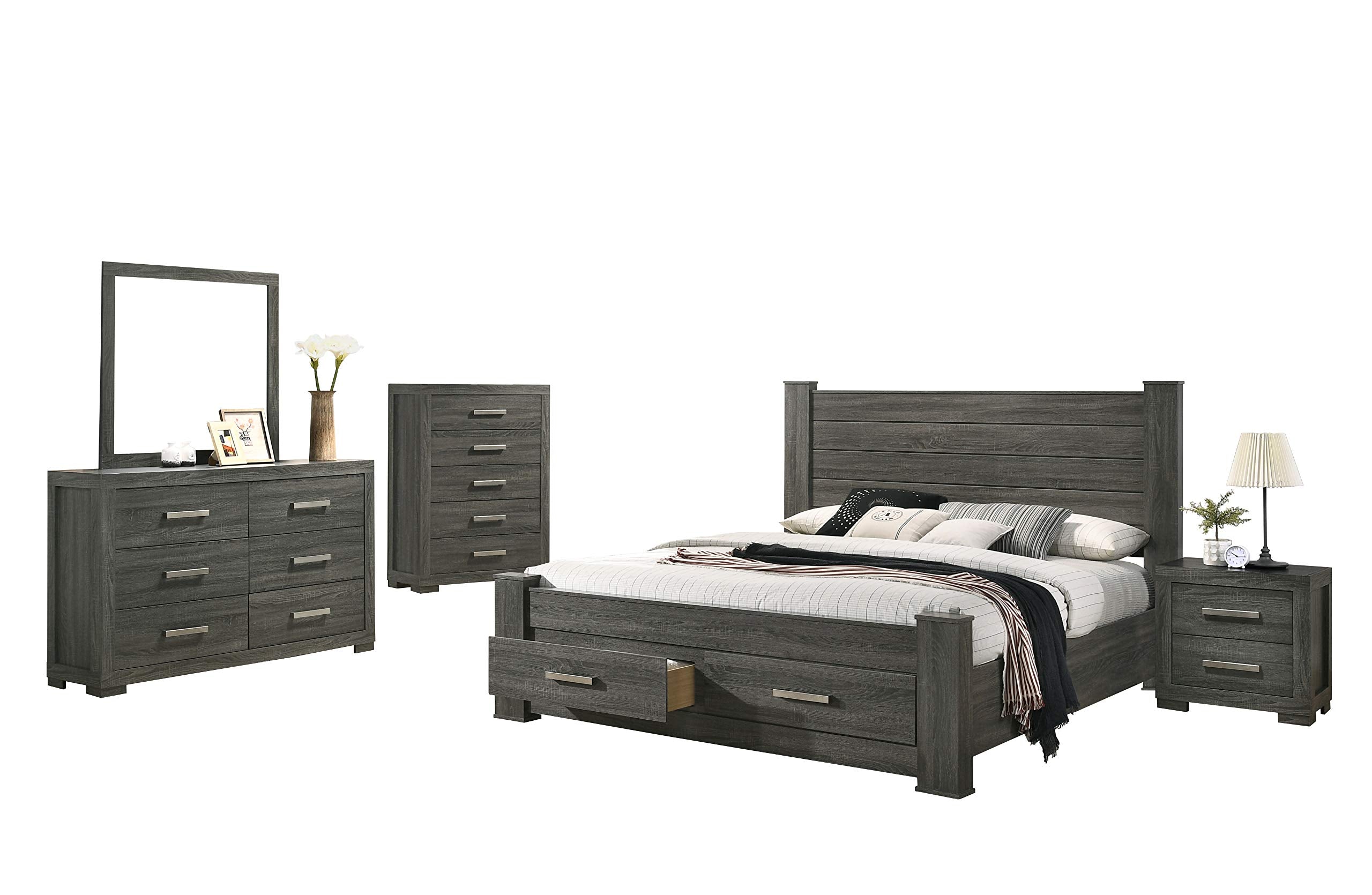 Best Quality Furniture 5Pc Queen Bed + Dresser + Mirror + Nightstand + Chest, Weathered Gray