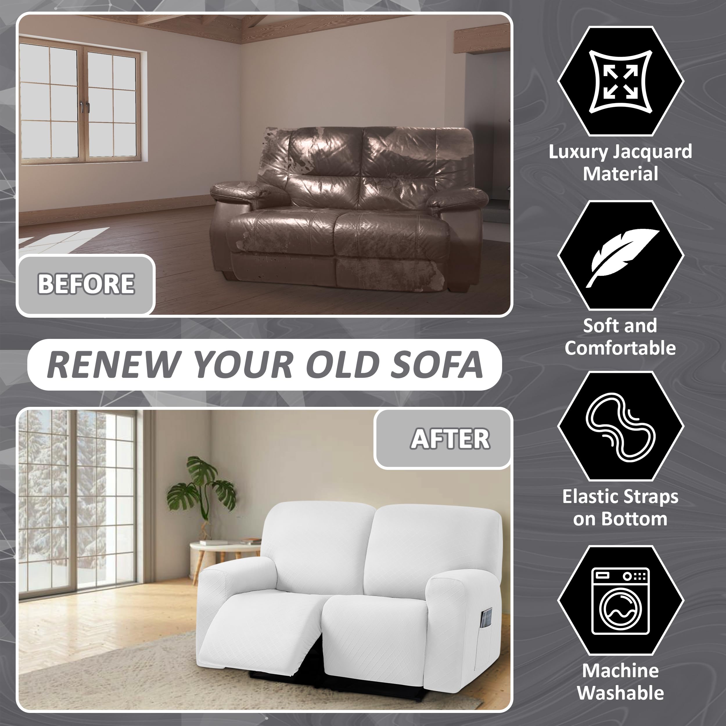 Ulticor Jacquard Loveseat Recliner Slipcover, 6-Piece, 48-65'' L, Washable, White