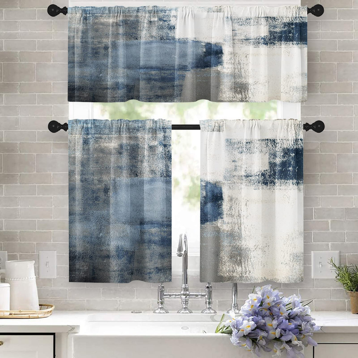 Tayney Blue Kitchen Curtains Grey White Window Curtains Valance And Tier Set 36 Inch, Contemporary Rod Pocket Short Tier Curtain