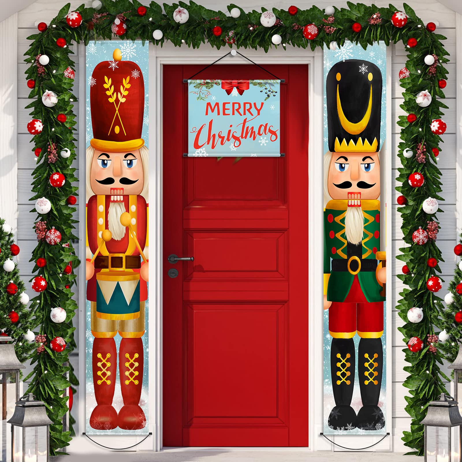 Tatuo 3 Pieces Nutcracker Christmas Banner Soldier Nutcracker Banner Soldier Porch Signs Xmas Hanging Banners with Small Merry C