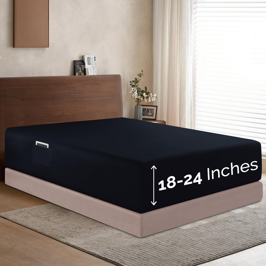Elegant Comfort 1500 Premium Hotel Quality 18-24 Inches Deep - Extra Deep Pocket Single Fitted Sheet For High Mattress, Luxury And Softest, Smart Pocket - Wrinkle Free, California King, Black