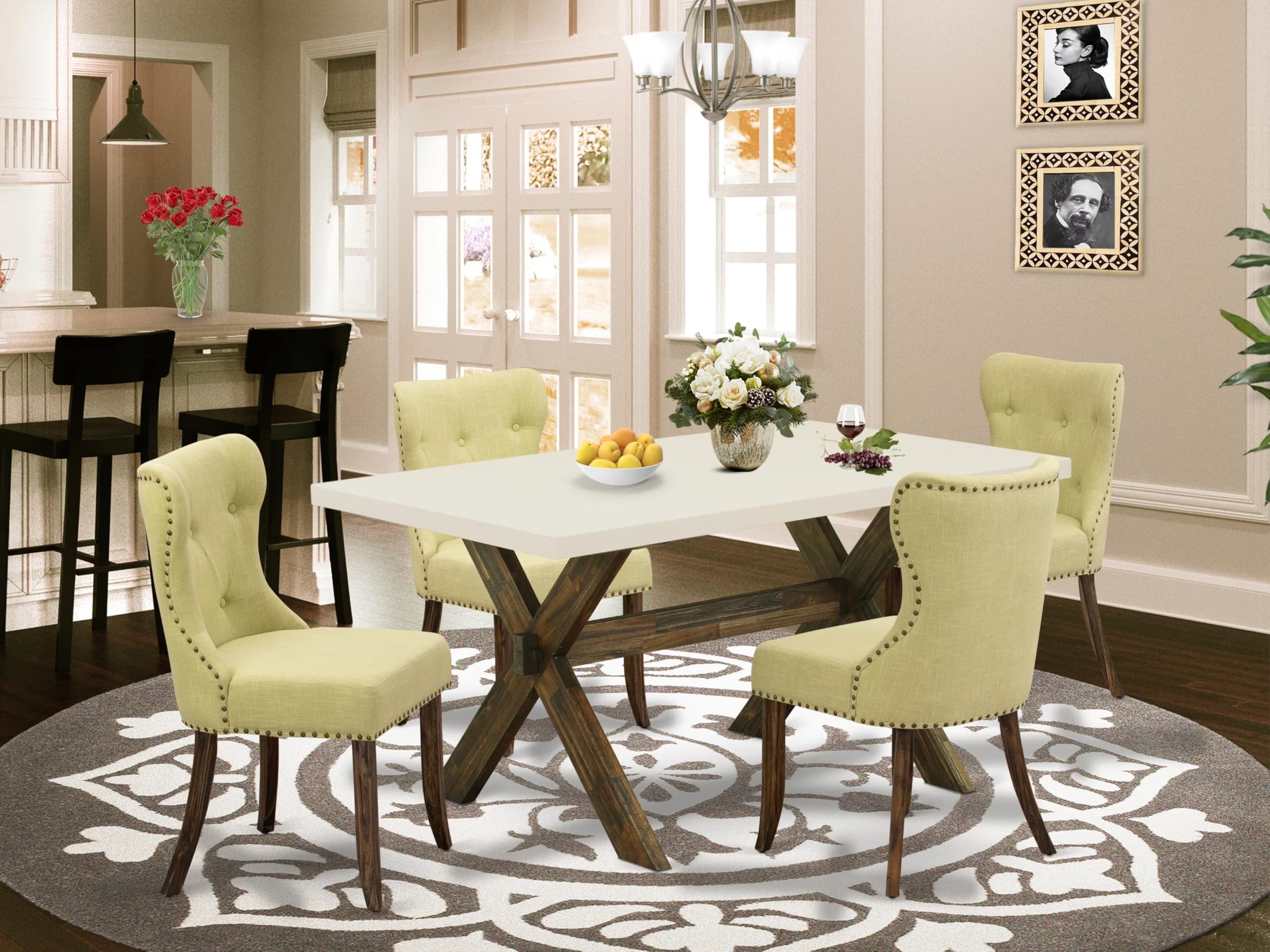 East West Furniture X726Si737-5 5 Piece Dining Table Set For 4 Includes A Rectangle Kitchen Table With X-Legs And 4 Limelight Linen Fabric Parson Dining Chairs, 36X60 Inch, Multi-Color