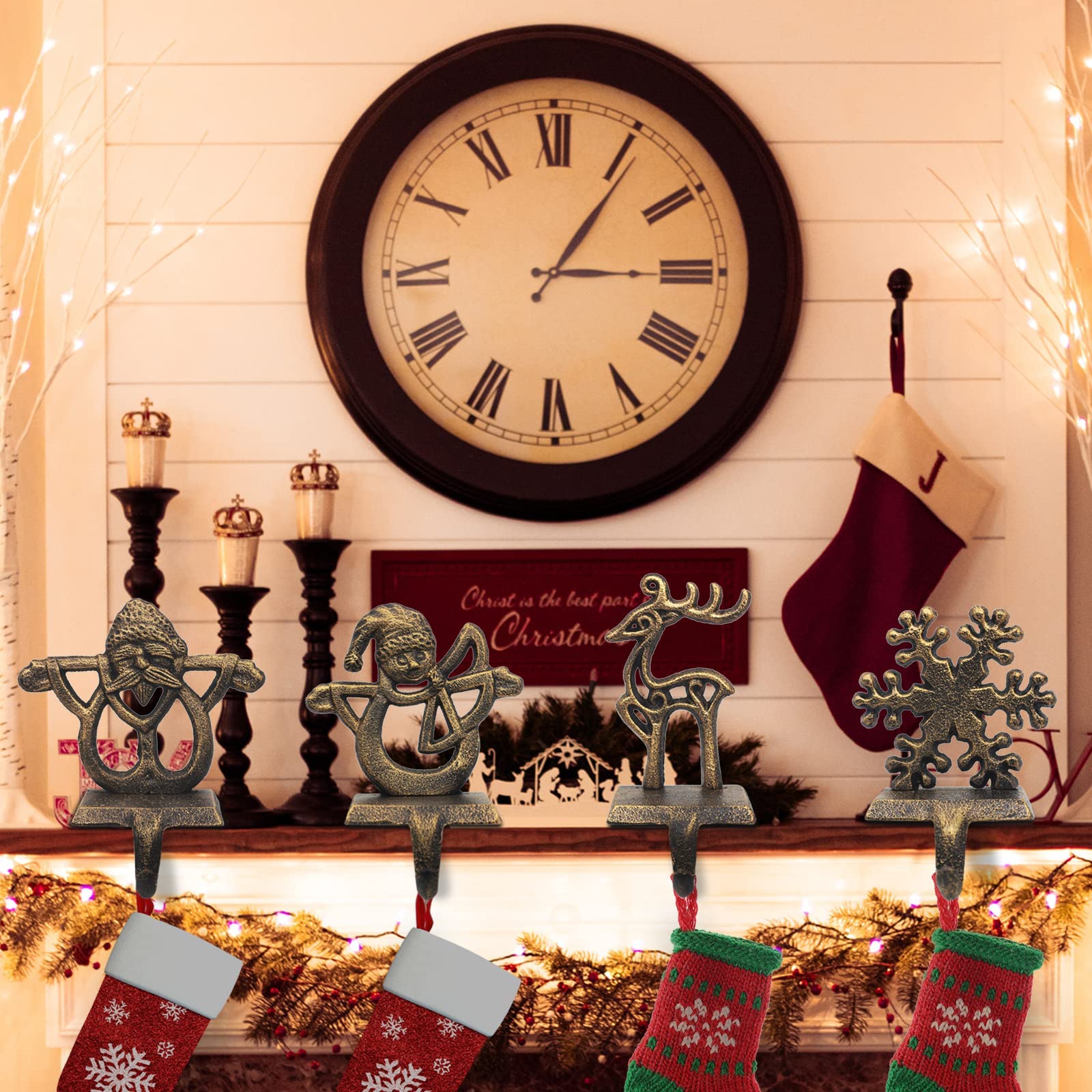 Ppnzqaut Retro Christmas Stocking Holders 4-Pack Indoor Christmas Stocking Hangers For Mantel Fireplace Christmas Decorations St