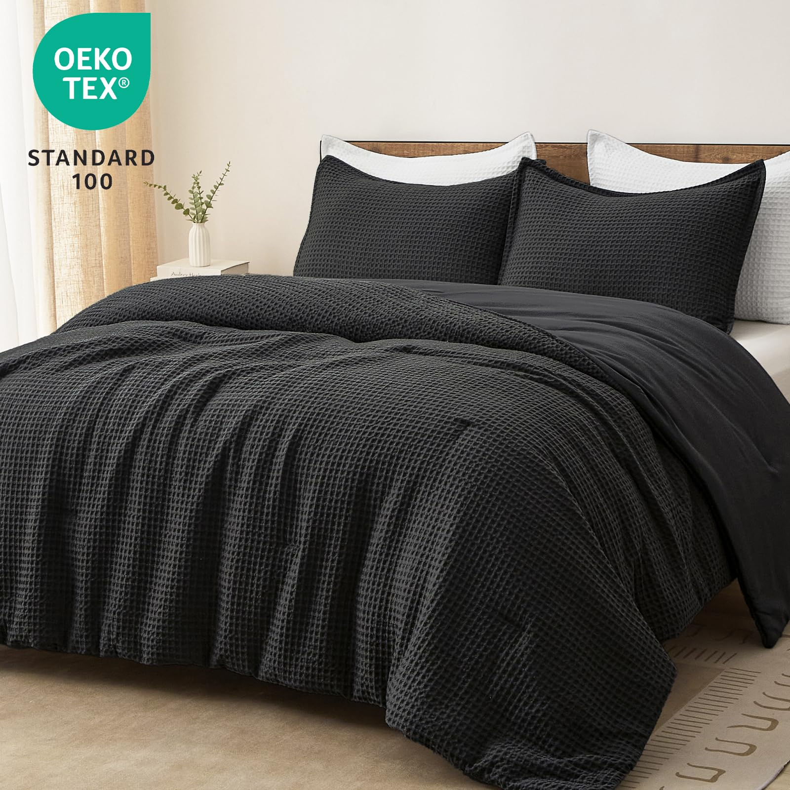 Phf 3 Pieces Waffle Weave Comforter Set Queen Size, Lightweight Breathable Comfy Bedding Set For All Season, Ultra Soft Textured