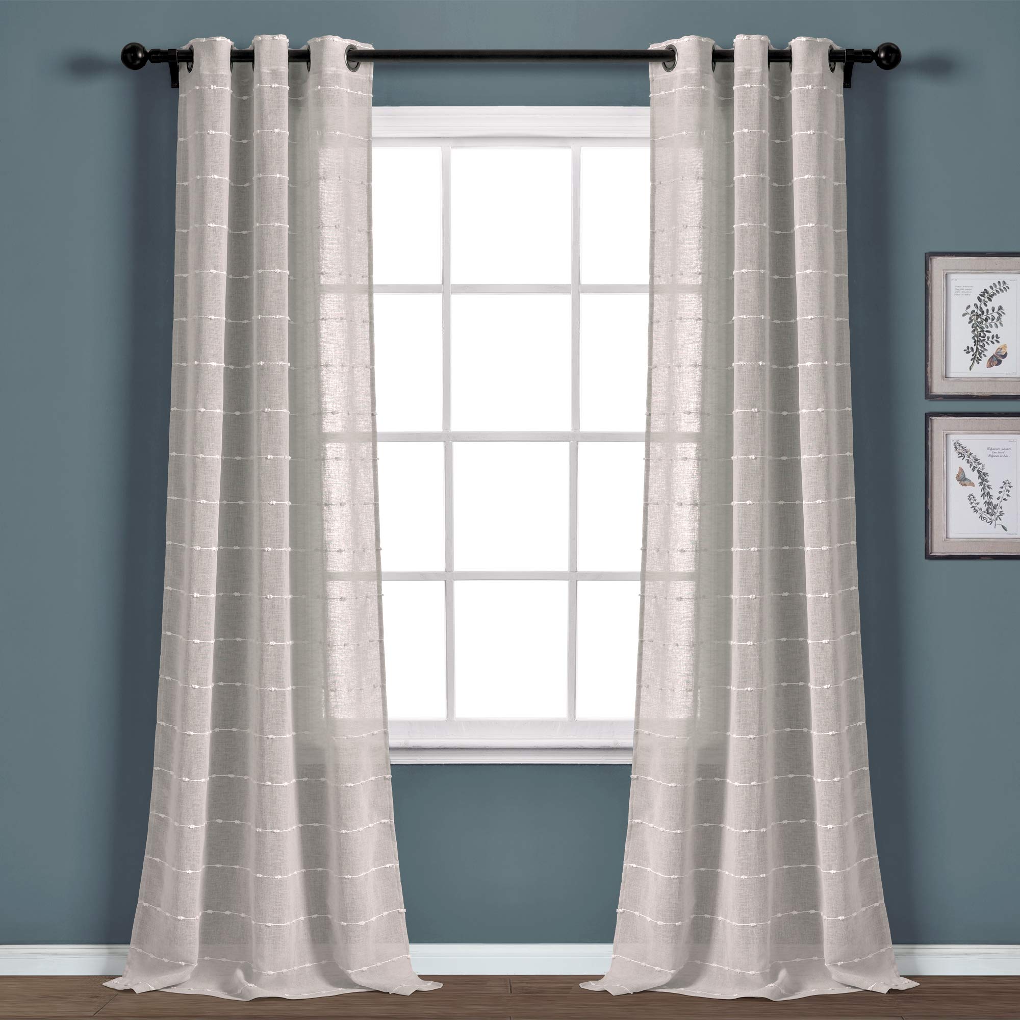 Lush Decor Farmhouse Textured Grommet Sheer Window Curtain Panel Pair, 38'W X 95'L, Gray