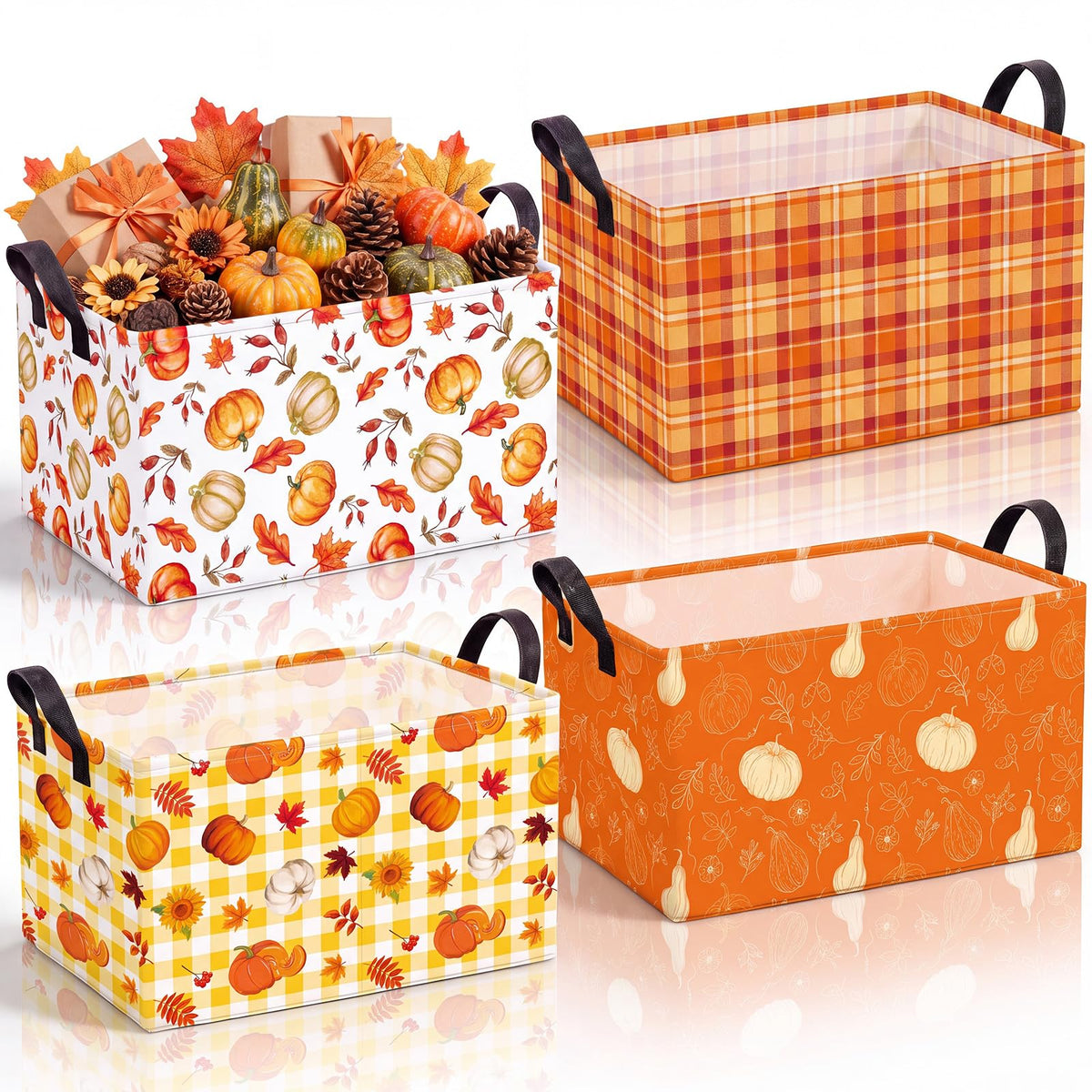 FoldTier 4 Pcs Fall Storage Baskets, Pumpkin Organizer Bins with Handles