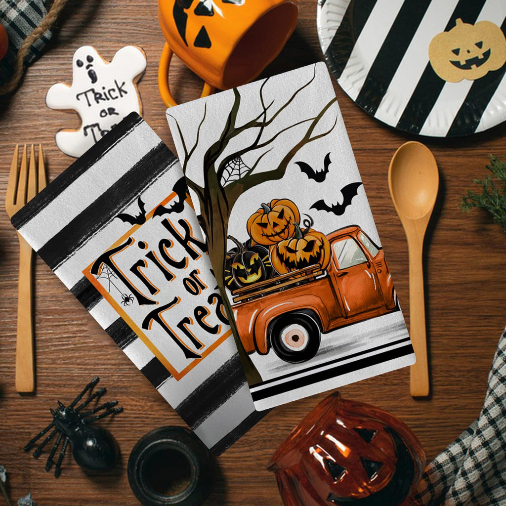Seliem Halloween Trick Or Treat Kitchen Dish Towels Set Of 2, Jack O Lantern Pumpkin Truck Hand Towels Stripes Drying Baking Coo
