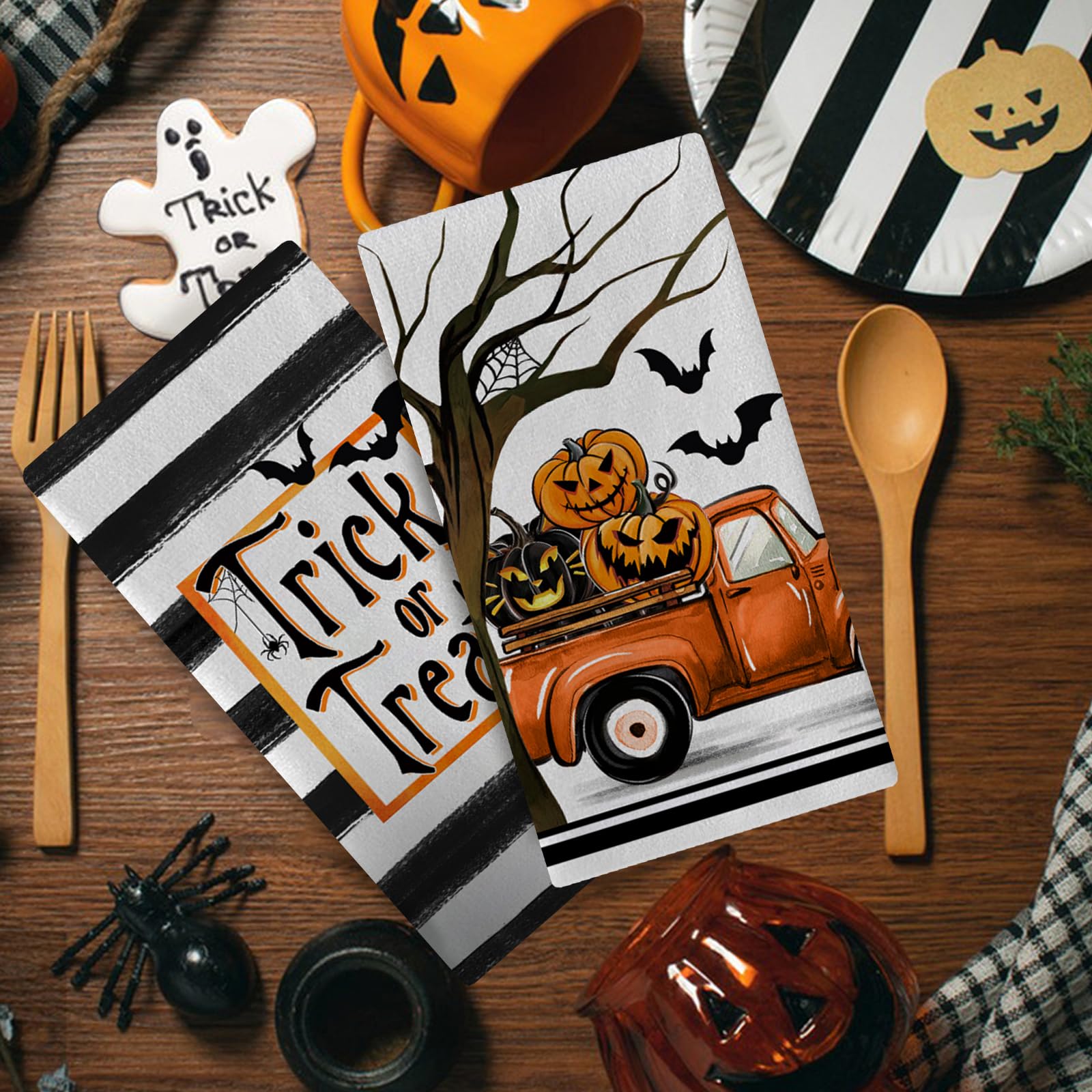 Seliem Halloween Trick Or Treat Kitchen Dish Towels Set Of 2, Jack O Lantern Pumpkin Truck Hand Towels Stripes Drying Baking Coo