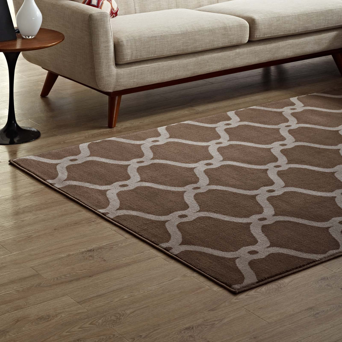 Modway Beltara Chain Link Transitional Trellis 5X8 Area Rug In Dark Tan And Beige