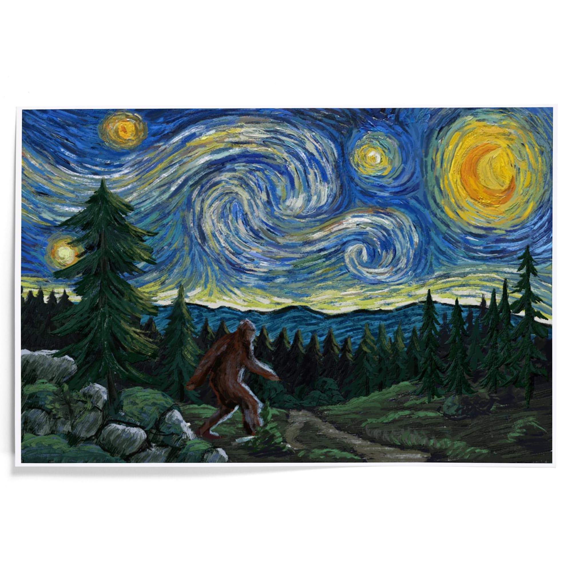 Lantern Press 12x18 Inch Art Print Wall Decor, Bigfoot, Starry Night