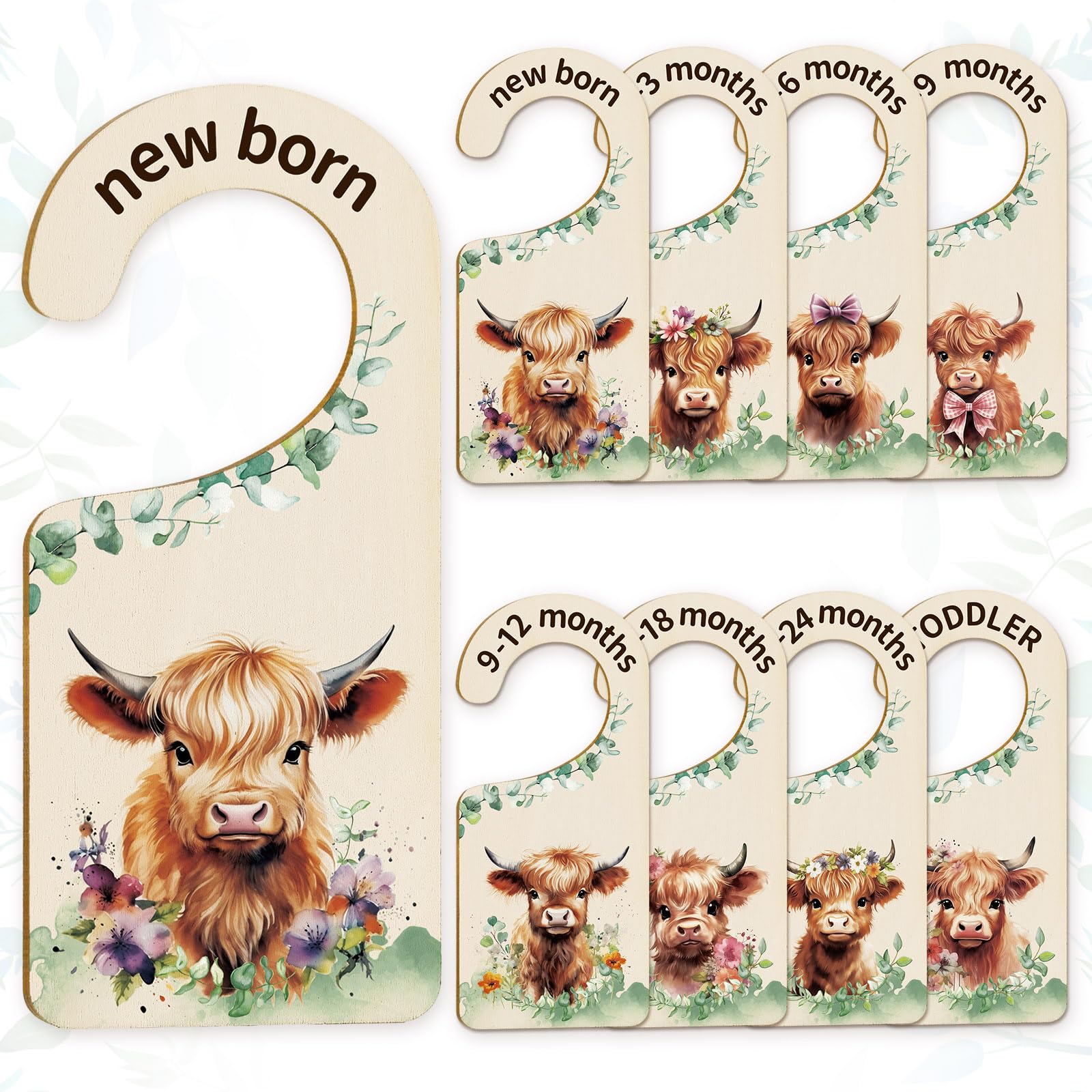 Whaline 8Pcs Baby Closet Size Dividers Watercolor Highland Cow Hanging Wood Baby Closet Organizer Newborn to 24 Months Thicken B