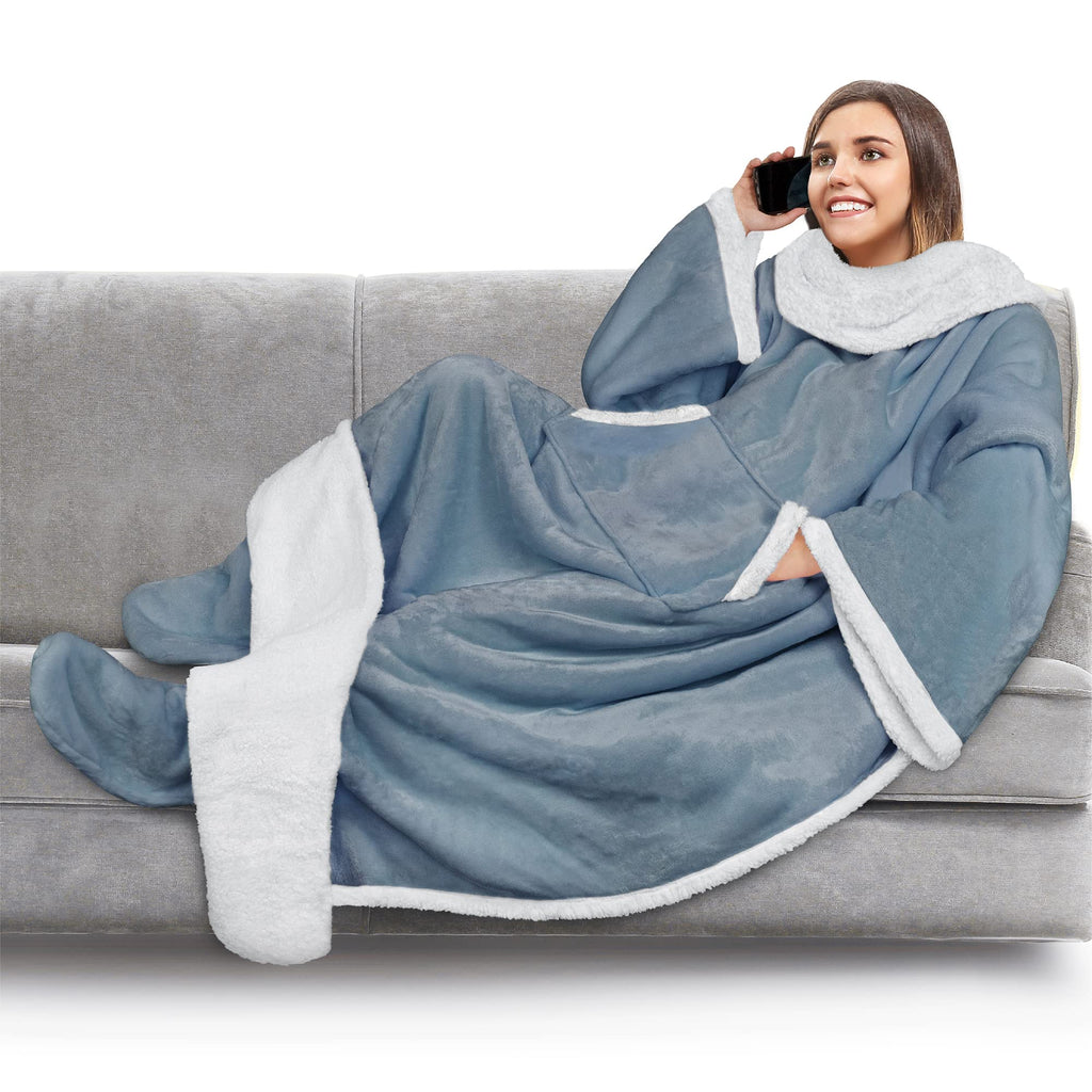 PAVILIA Sherpa Blanket with Sleeves and Foot Pocket for Women Men Adults, Fleece Wearable Blanket Sleeved Throw Wrap, Thick Hug 