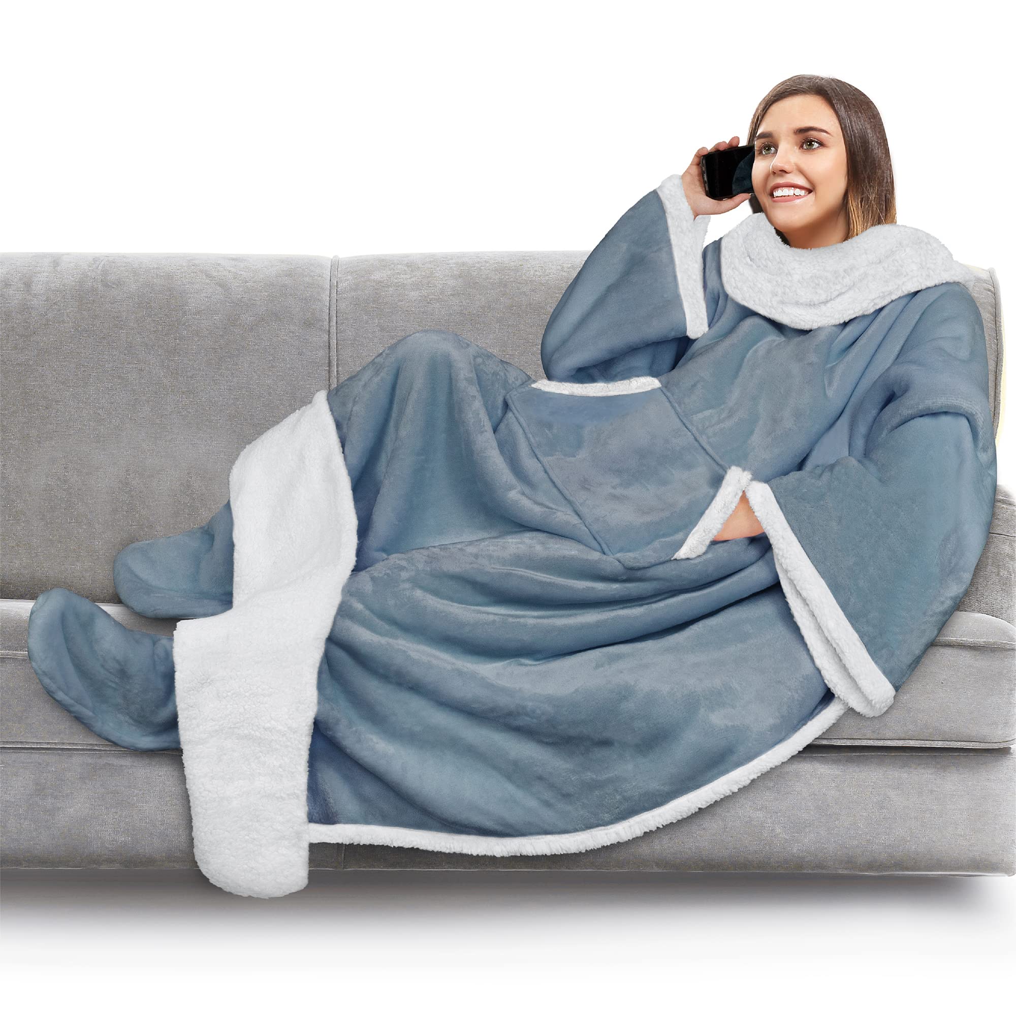 PAVILIA Sherpa Blanket with Sleeves and Foot Pocket for Women Men Adults, Fleece Wearable Blanket Sleeved Throw Wrap, Thick Hug 