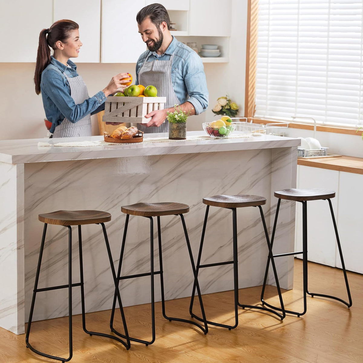 Heugah Bar Stools Set Of 4, Saddle Seat Wooden Barstools For Kitchen Island, 30' Brown Bar Height Stools With Footrest (Brown, 4 Pcs 30Inch Barstool)