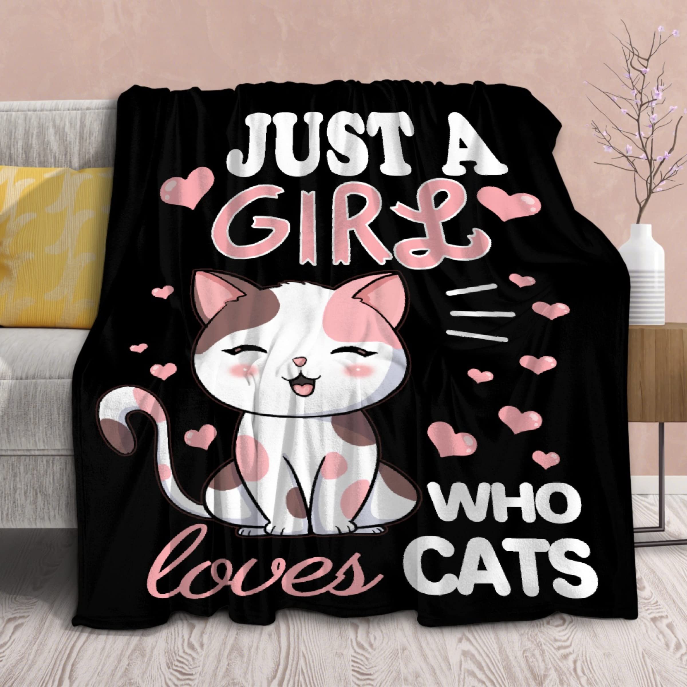 Cat Blanket Plush Gift for Kids Women Comfy Throw-Just A Girl Who Loves Cats-Soft Lightweight Kawaii Kitten Quilt Cozy Sheet Cut