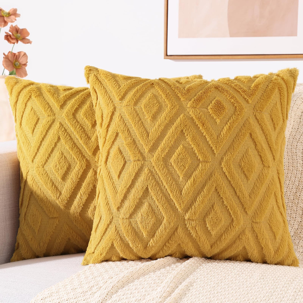 Decoruhome Couch Throw Pillow Covers 22X22 Set Of 2, Decorative Soft Plush Faux Wool Pillow Covers For Bed Sofa Living Room, Mus