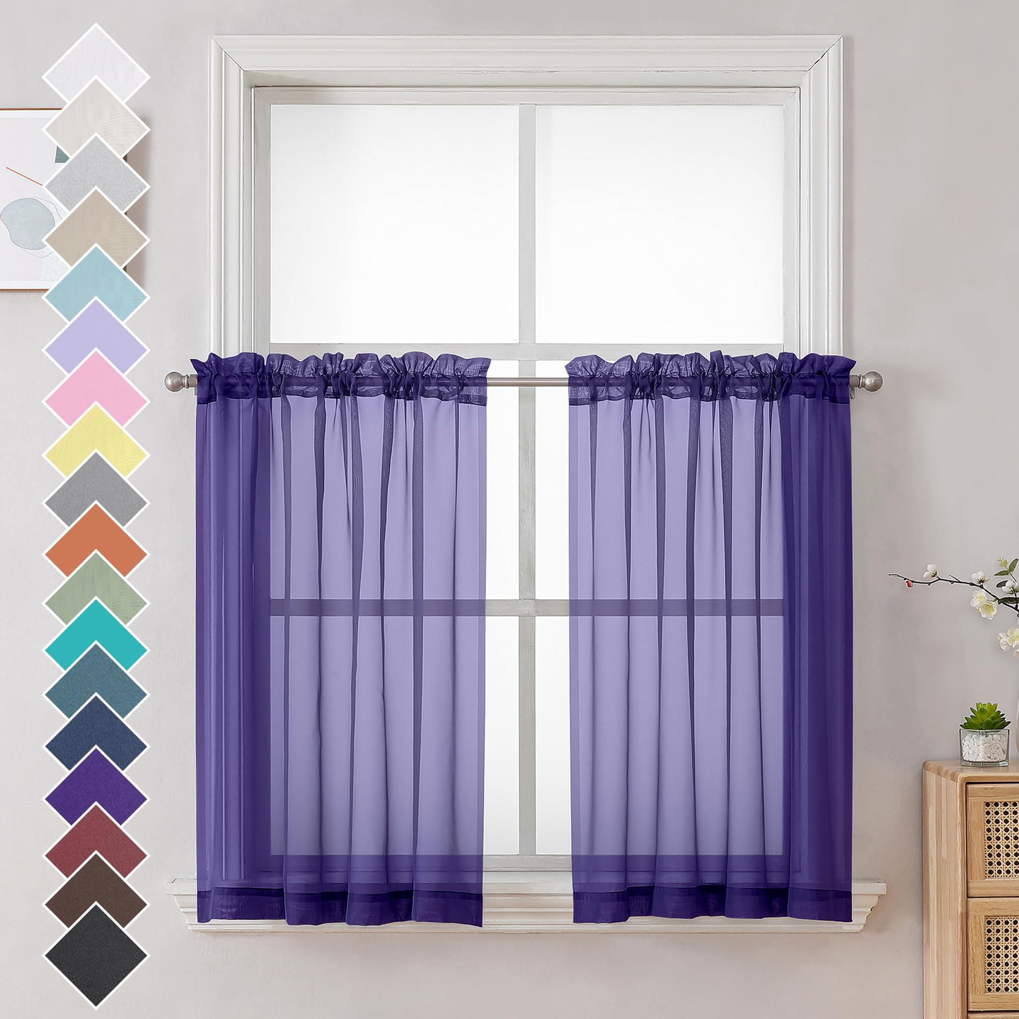 Ovzme Purple Kitchen Sheer Curtains 36 Inches Long, Short Kitchen Window Treatment Solid Sheers Cafe Curtains Bathroom Voile Hal