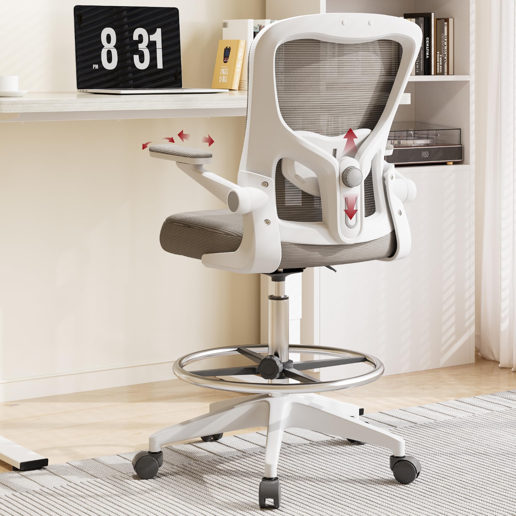 Sanodesk Ergonomic Drafting Chair - Standing Desk Chair With Breathable Mesh 2D Lumbar Support 3D Flip Up Armrest And Footring R