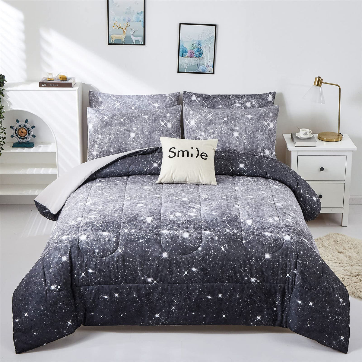 Kiddiku Grey Glitter Comforter Set Twin Size For Boys Teen, Sparkle Galaxy Twinkle Starlight Comforter For Kids Adult, 2 Piece B