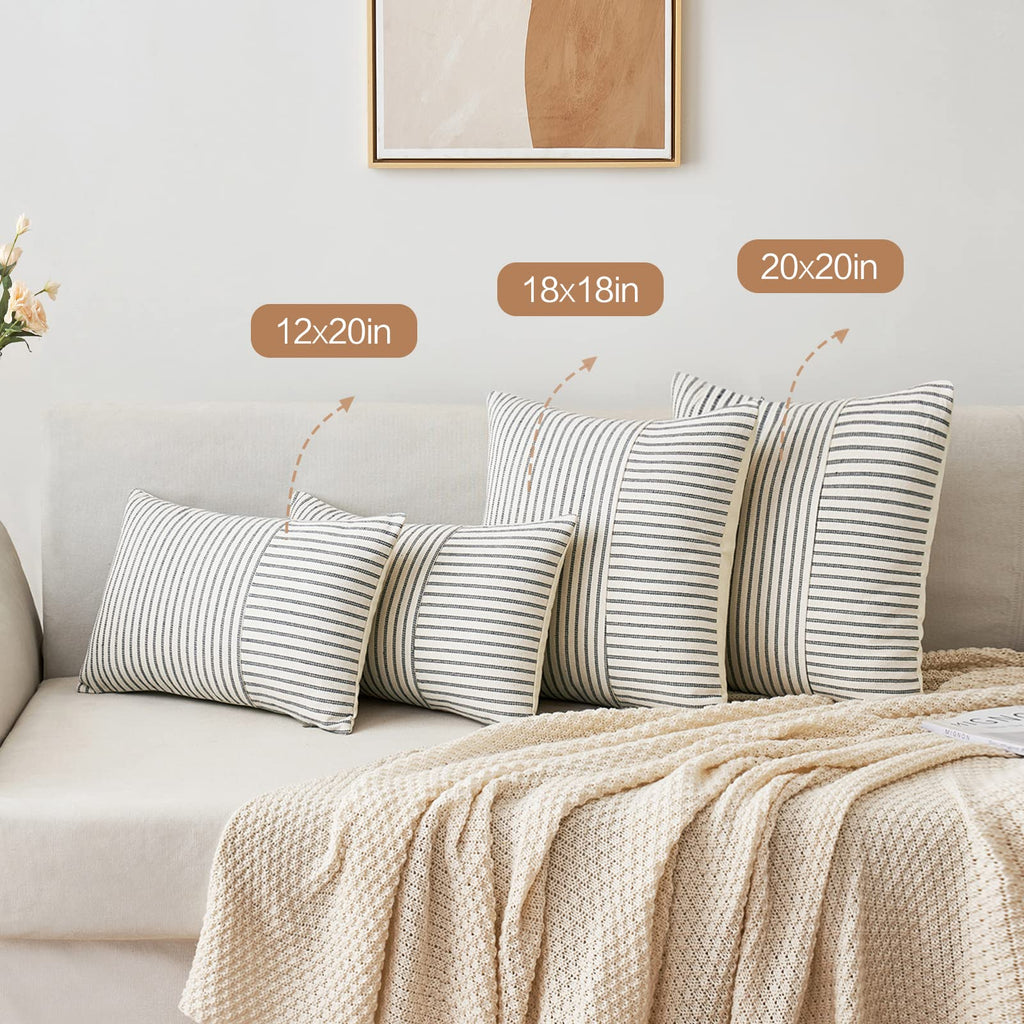 Miulee Grey And Beige Patchwork Farmhouse Pillow Covers 20X20 Inch, Pack Of 2 Striped Linen Decorative Modern Accent Pillow Cases For Sofa Couch Bedroom