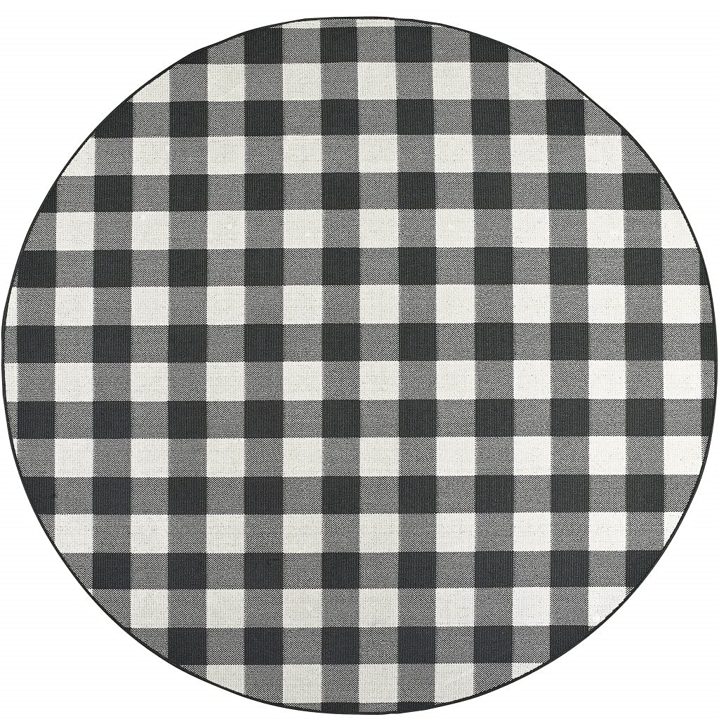 HomeRoots Polypropylene 8’ Round Black and Ivory Gingham Indoor Outdoor Area Rug