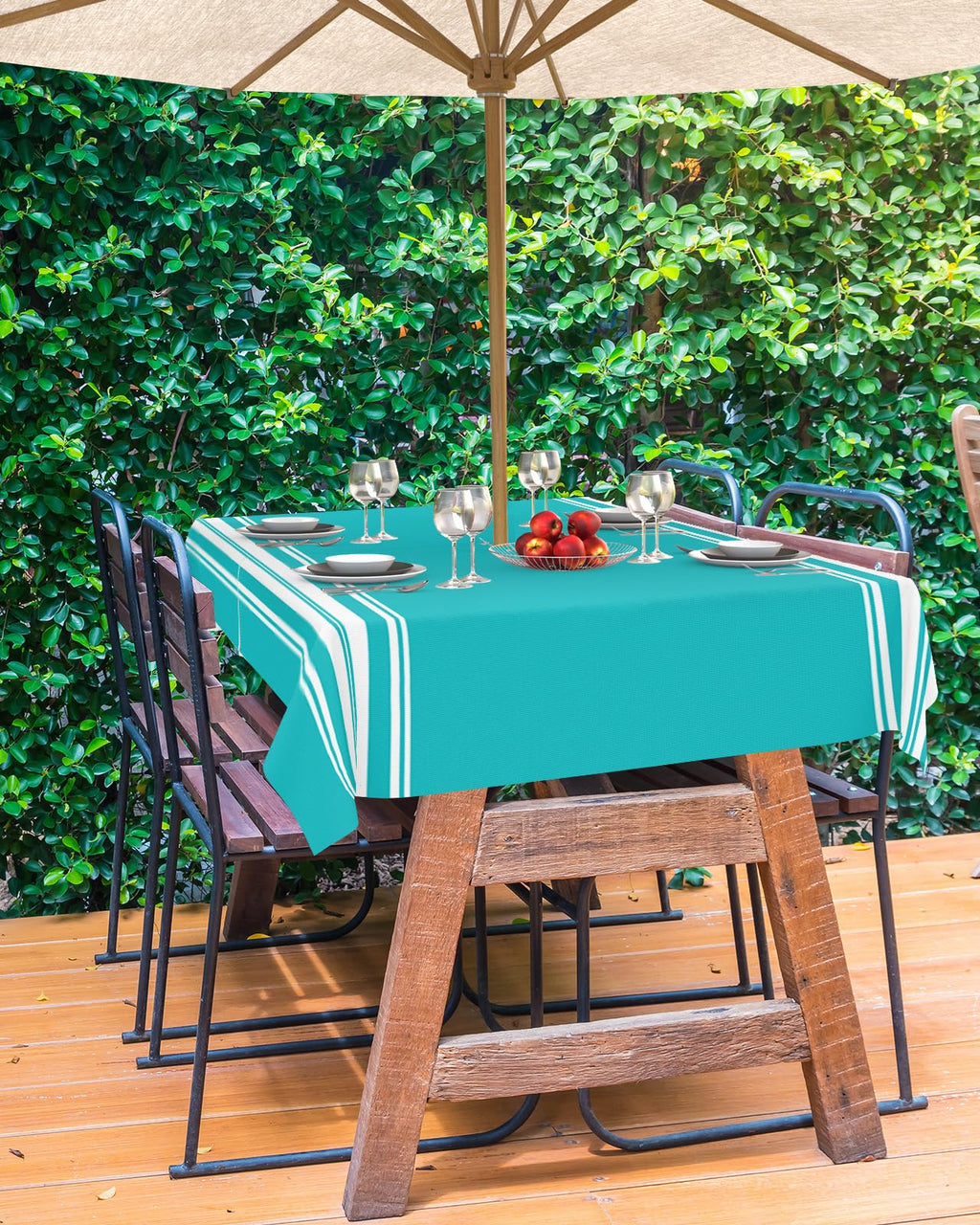 Queenker Outdoor Tablecloth With Umbrella Hole, Farmhouse Aqua White Stripe Rectangle Tables Waterproof Tabletop Collection For