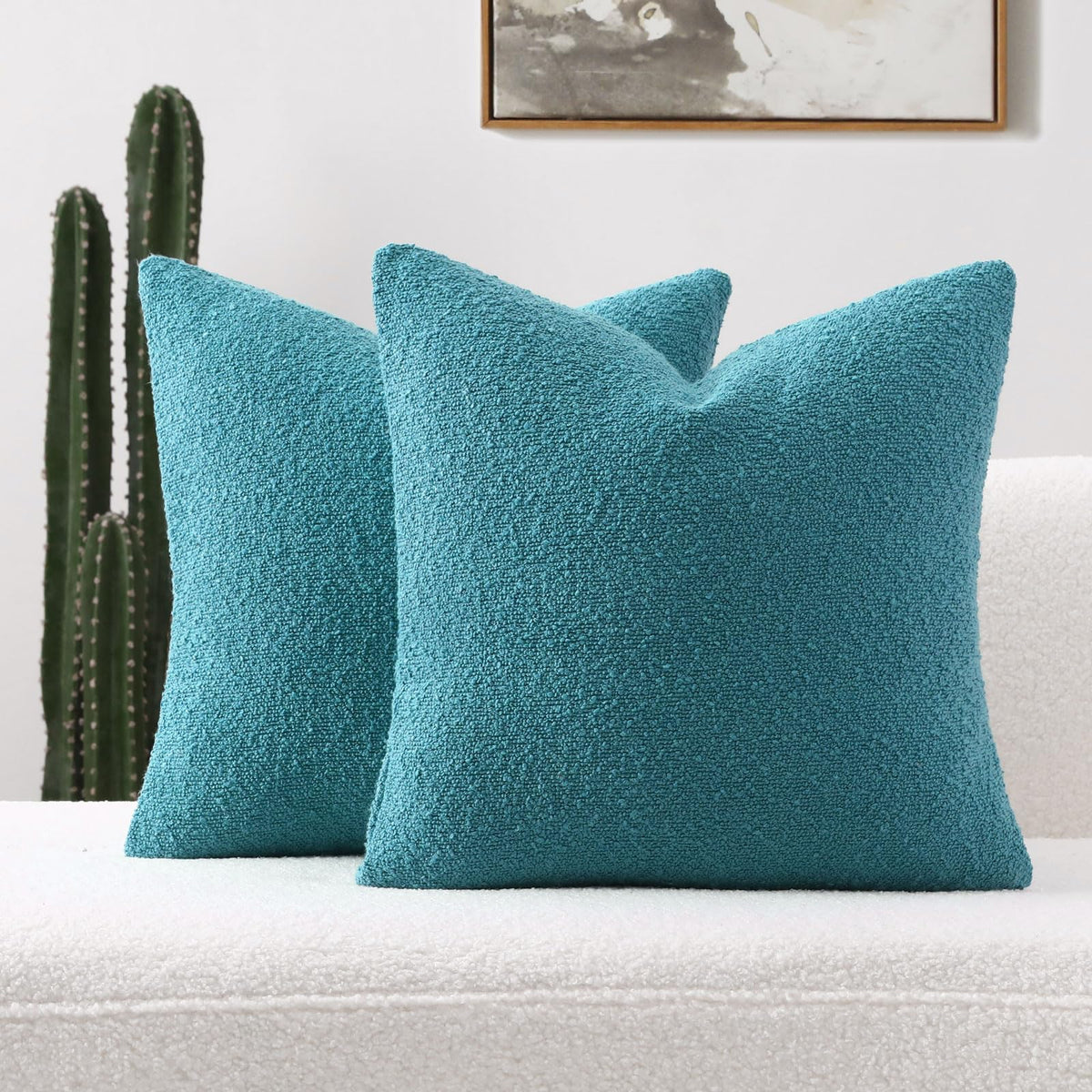 Futei Pack Of 2 Teal Blue Boucle Accent Decorative Throw Pillow Covers,22X22 Inch Soft Solid Textured Cushion Case,Home Decor Fo