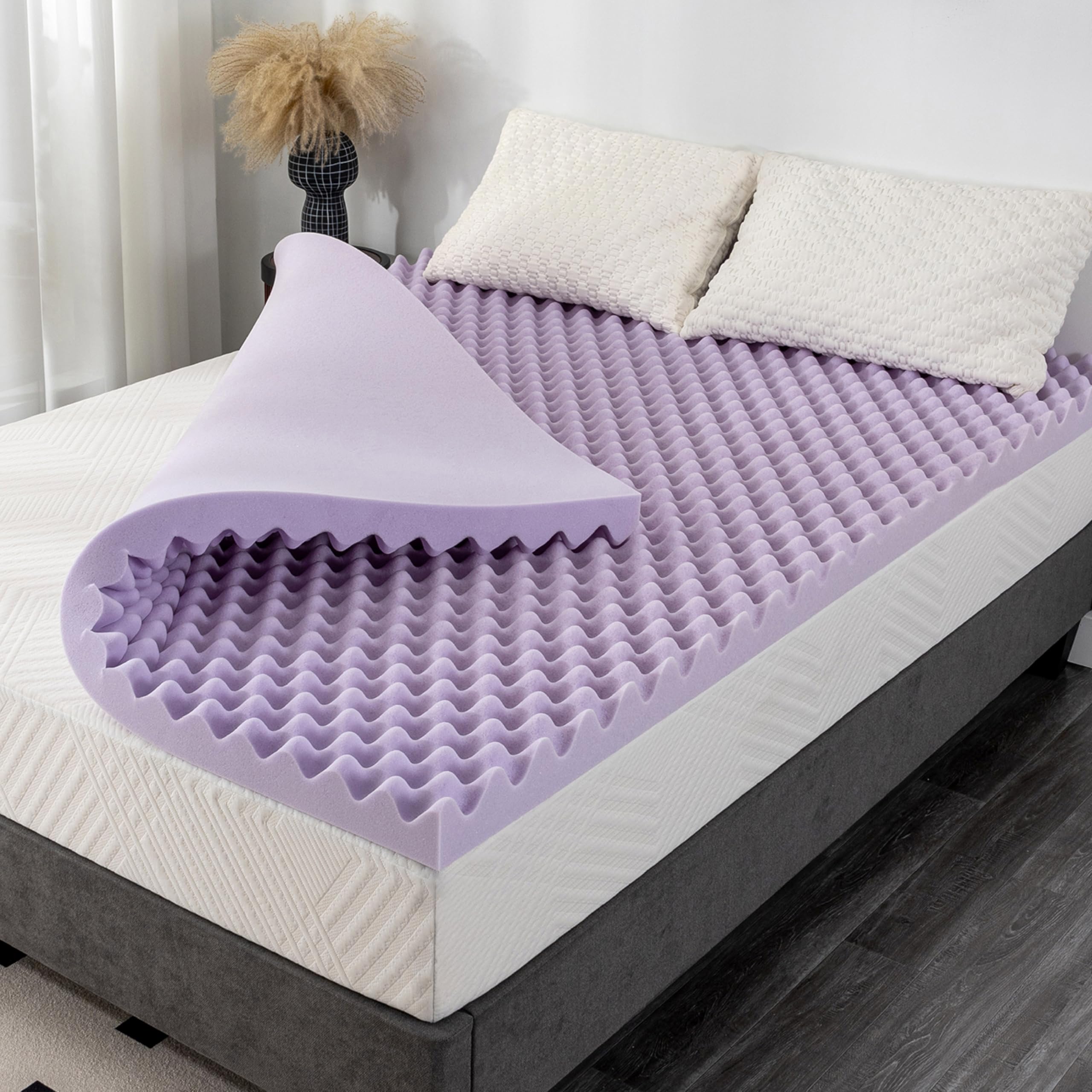 2 Inch Egg Crate Full Memory Foam Mattress Topper, Lavender Scent Gel Infused Foam Mattress Topper For Pressure Relief, Certipur-Us Certified Full Bed Topper, Purple, 54'×75'