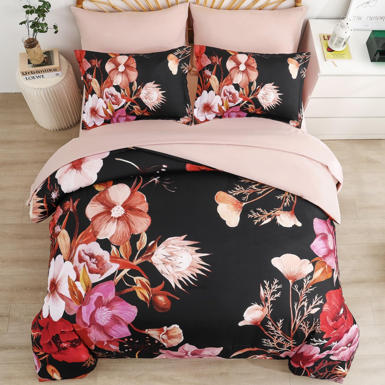 Luxudecor Floral Comforter Set King Size 7 Piece, Red Flower Bed In A Bag, Elegant Comforter Bedding Set For All Season (Red, 10
