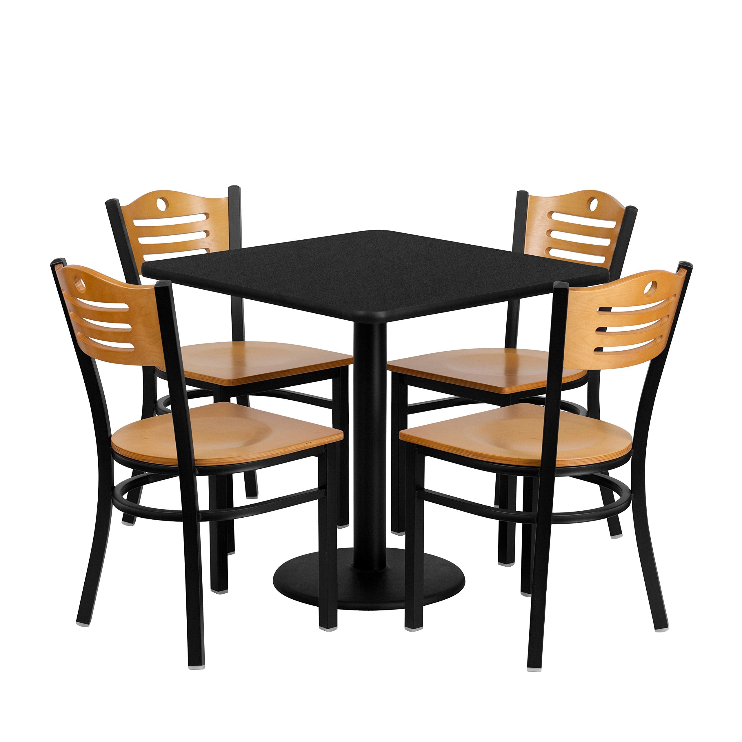 Flash Furniture 30'' Square Black Laminate Table Set with 4 Wood Slat Back Metal Chairs - Natural Wood Seat
