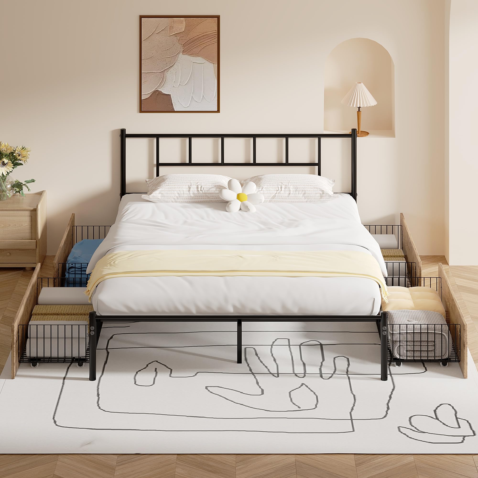 Vecelo Full Size Metal Platform Bed Frame With Headboard & 4 Storage Drawers, Heavy Duty Steel Slat Support, No Box Spring Needed, Easy Assembly