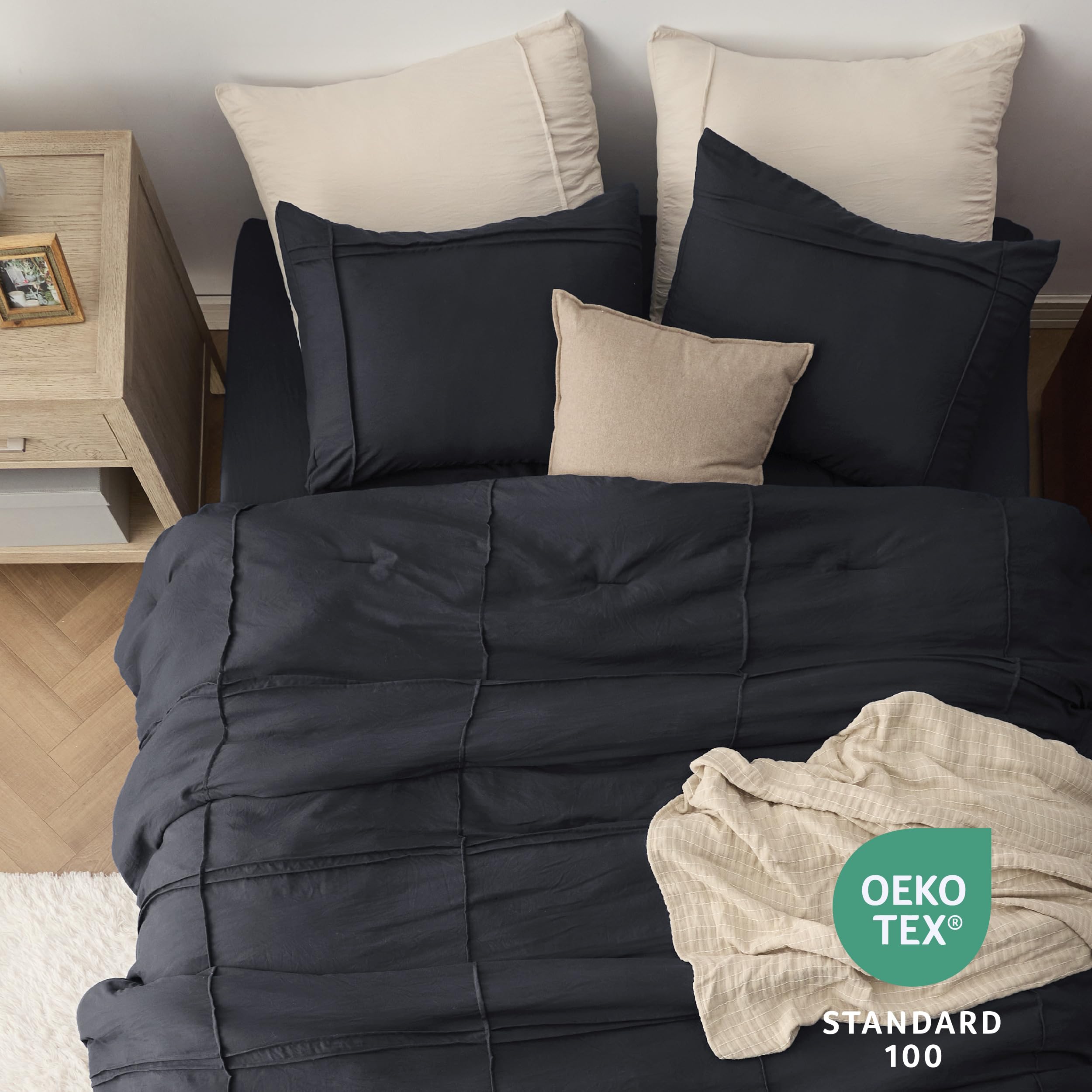 Bedsure Full Comforter Set With Sheet - 4 Pieces Soft Black Bedding Sets, Grid Pinch Pleat, All Season Lightweight Fluffy Bed Set With Solid Boho Comforter, Pillowcases & Sheet