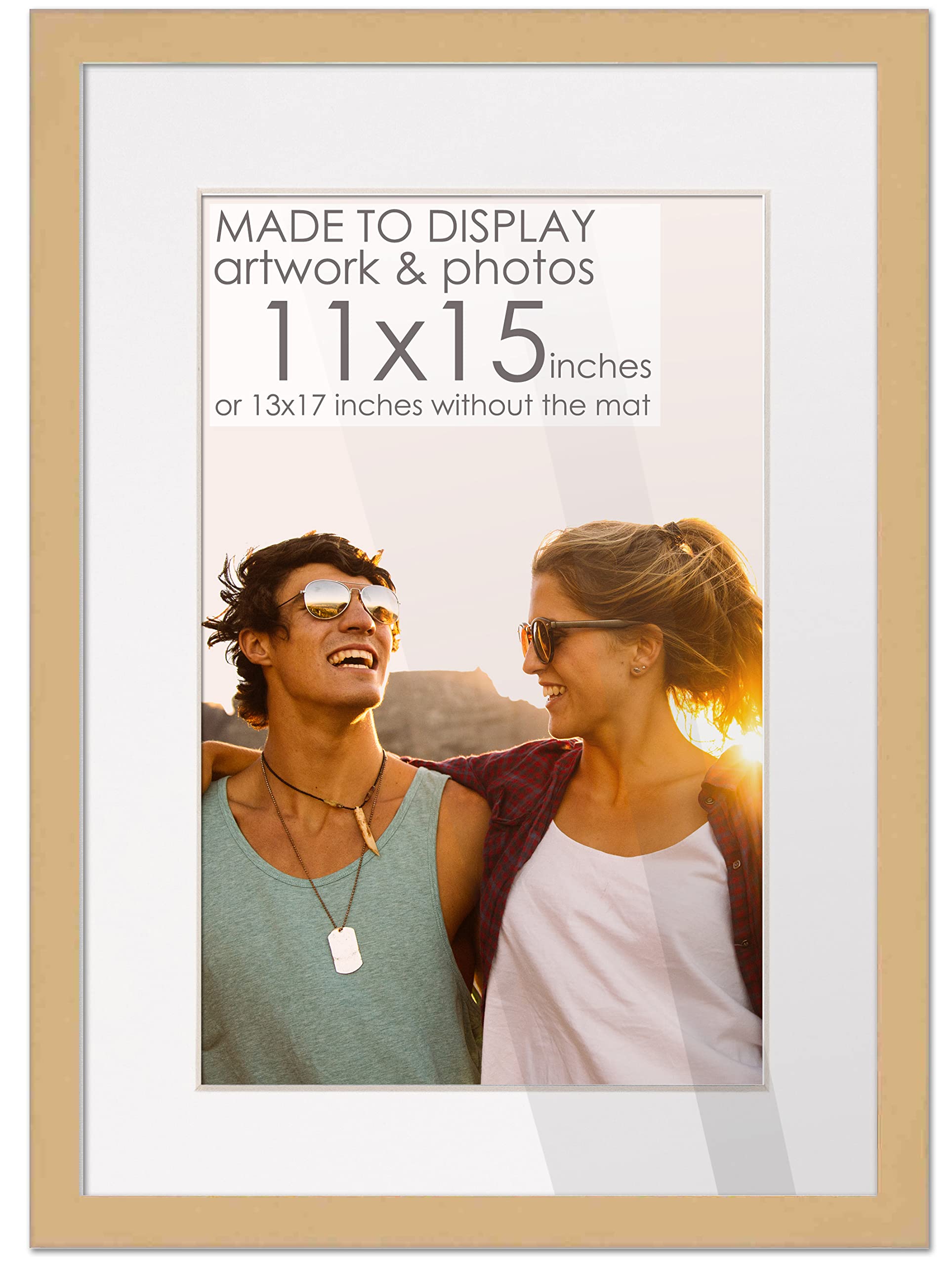 11x15 Natural Wood Frame with White Mat | 13x17 Frame Matted to 11x15 | Display Your Print Under UV Acrylic Shatter Guard Front,