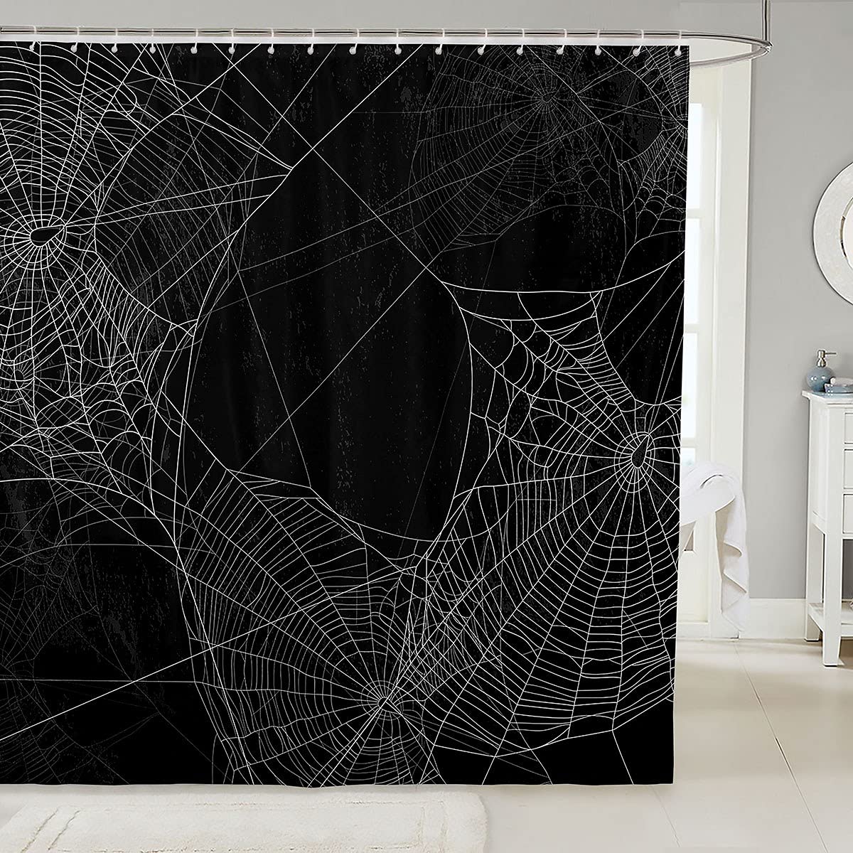Feelyou Spider Web Bath Curtain Halloween Theme Spider Print Shower Curtain Black White Decor Bathroom Curtain Set Polyester Tri