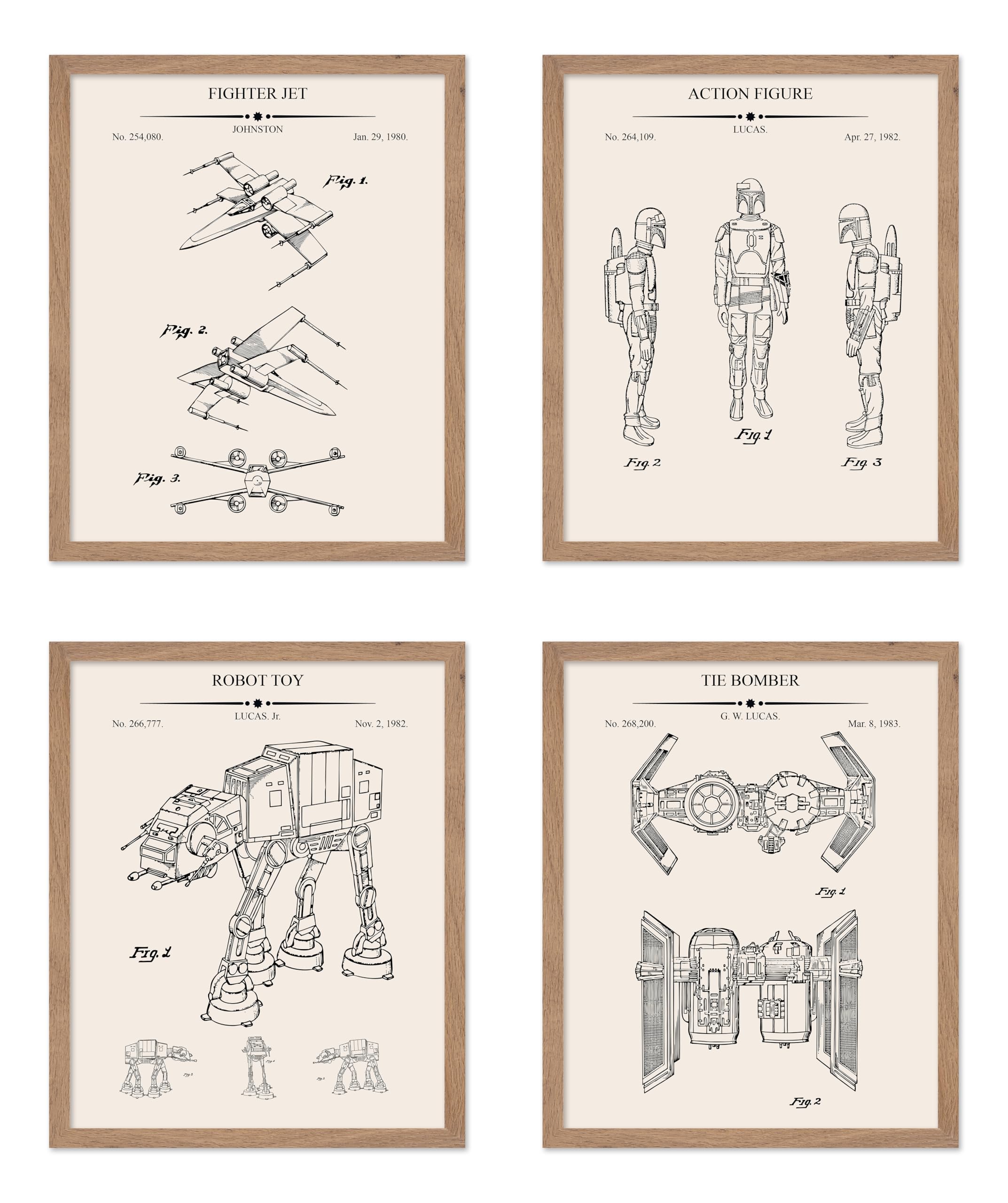 Poster Master 4-Piece Spaceship Blueprint Poster - Patent Print - Fighter Jet Art - Armored Walker Art - Technical Drawing Art -