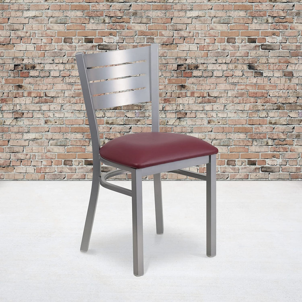 Flash Furniture HERCULES Series Silver Slat Back Metal Restaurant Chair - Burgundy Vinyl Seat