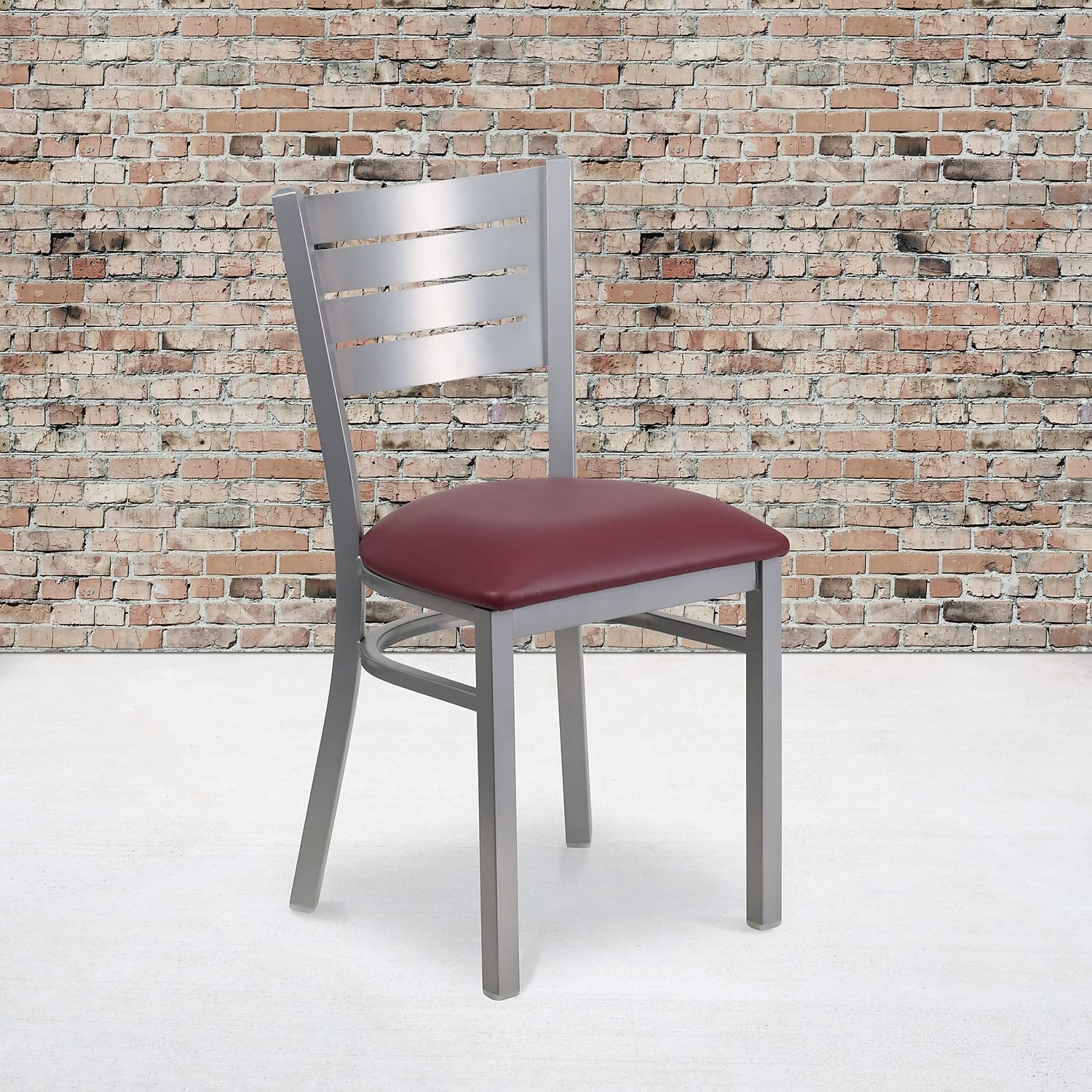 Flash Furniture HERCULES Series Silver Slat Back Metal Restaurant Chair - Burgundy Vinyl Seat
