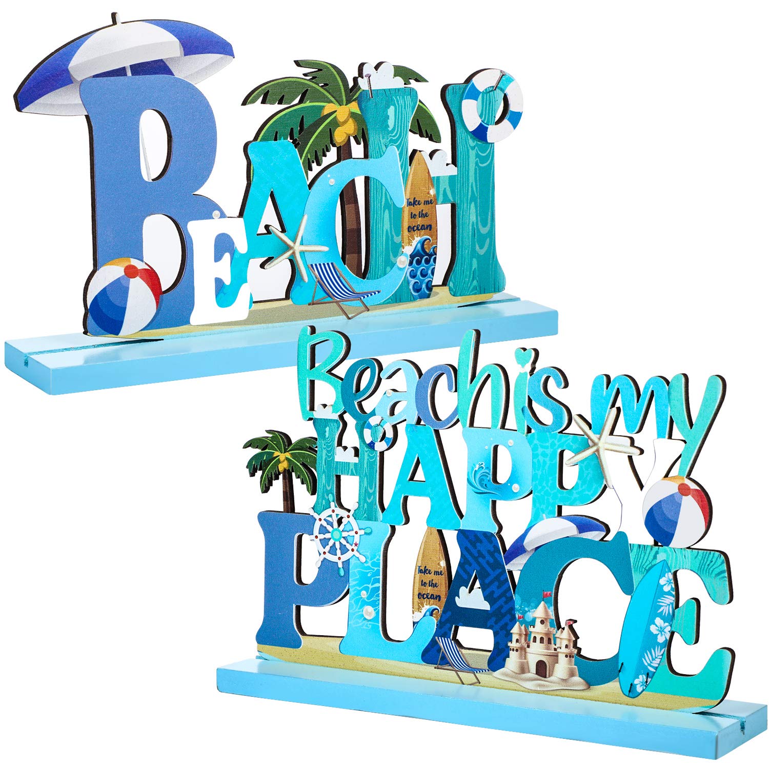 2 Pcs Beach Sign Ocean Sea Animal Party Decor Beach is My Happy Place Plaque Sign Wooden Table Decorations for Beach Coastal The