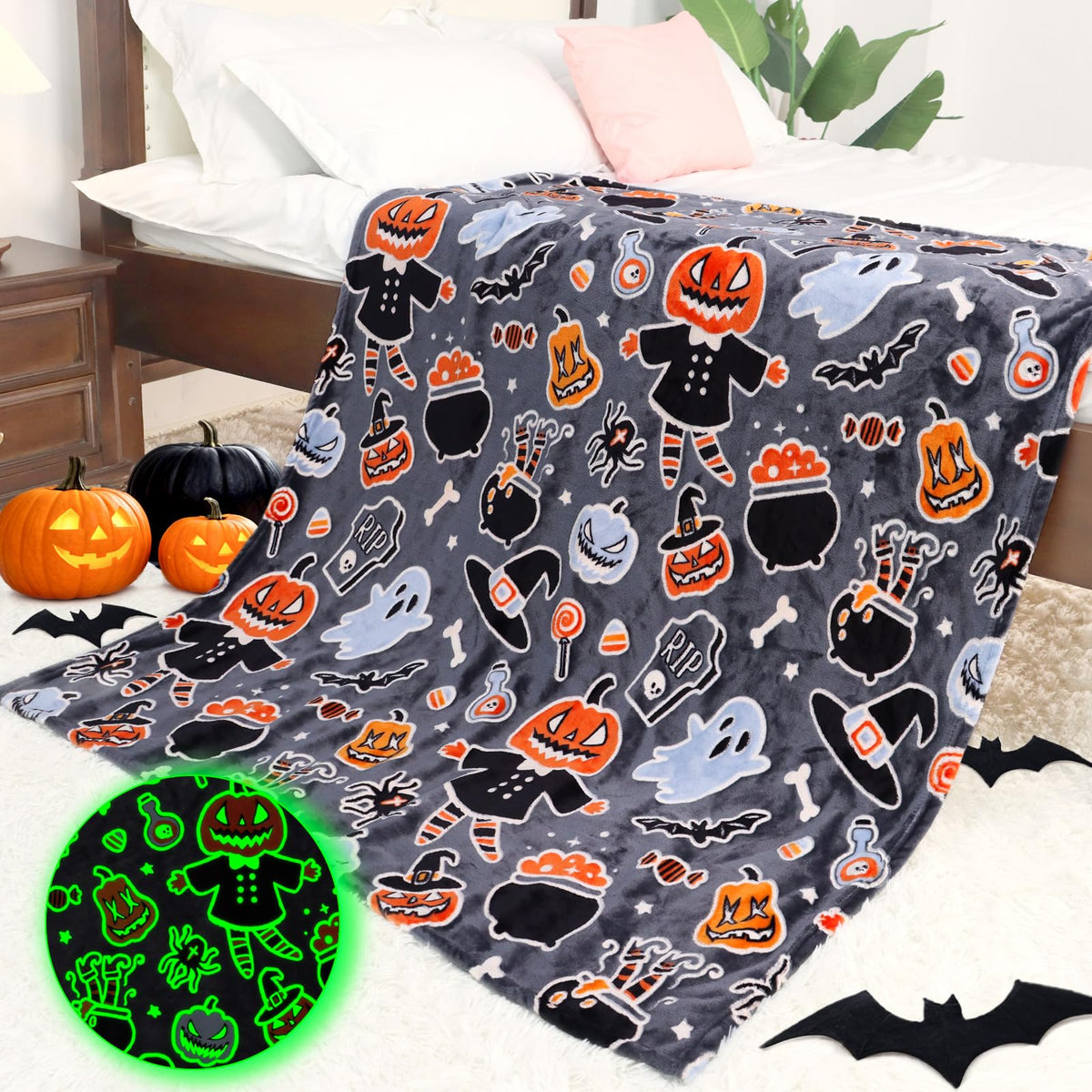 Halloween Blanket Twin Size Soft Black Glowing Fall Pumpkin Throw Blanket Lightweight Fuzzy Grey Twin Bed Decoration Blanket For