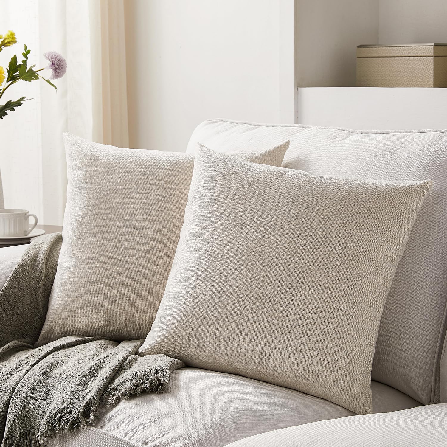Meekio Set Of 2 Ivory Pillow Covers 22 X 22 Inch Farmhouse Boho Decorative Throw Pillow Covers Linen Cushion Covers For Sofa Cou