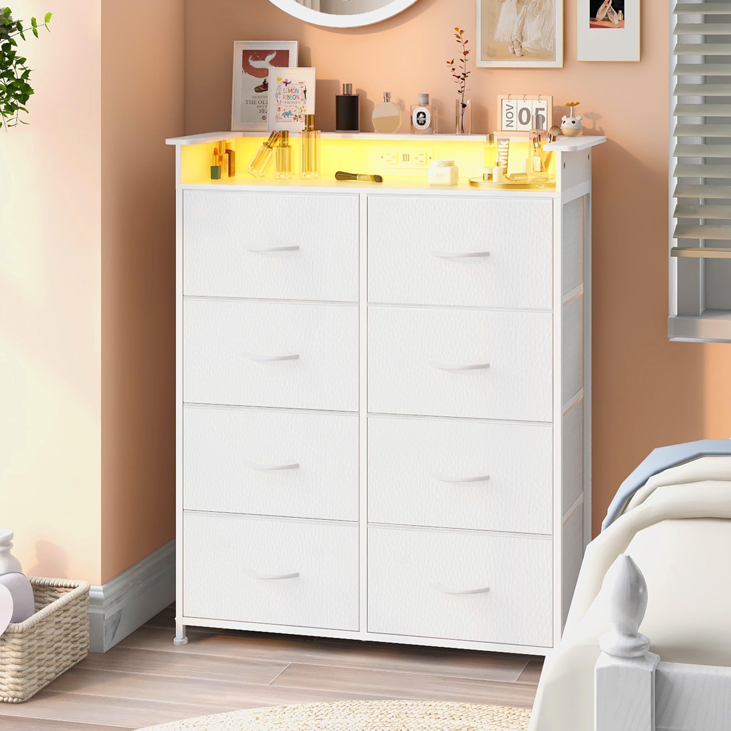 Welfuturer White Dresser for Bedroom with Power Outlets and LED Lights Narrow 8 Fabric Drawers Dressers Tall Storage Tower Unit 