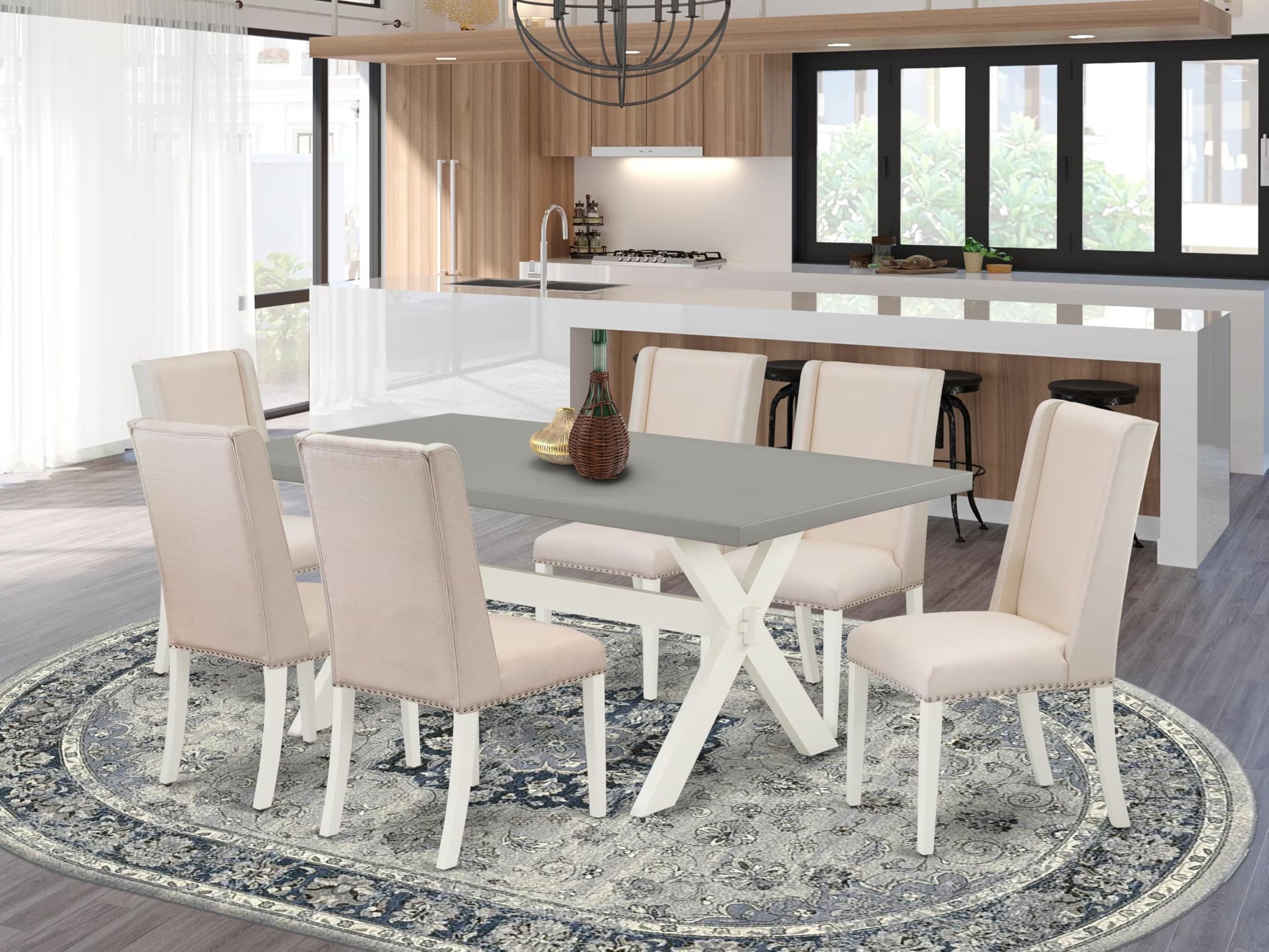 East West Furniture X097Fl201-7 7 Piece Modern Dining Table Set Consist Of A Rectangle Wooden Table With X-Legs And 6 Cream Linen Fabric Parson Dining Chairs, 40X72 Inch, Multi-Color
