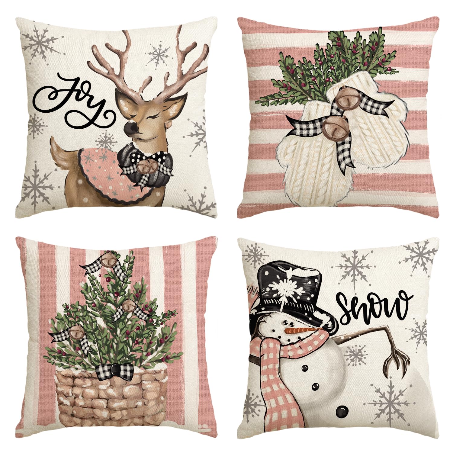Avoin Colorlife Pink Christmas Snowman Reindeer Gloves Eucalyptus Throw Pillow Covers, 20 X 20 Inch Winter Holiday Stripes Cushi