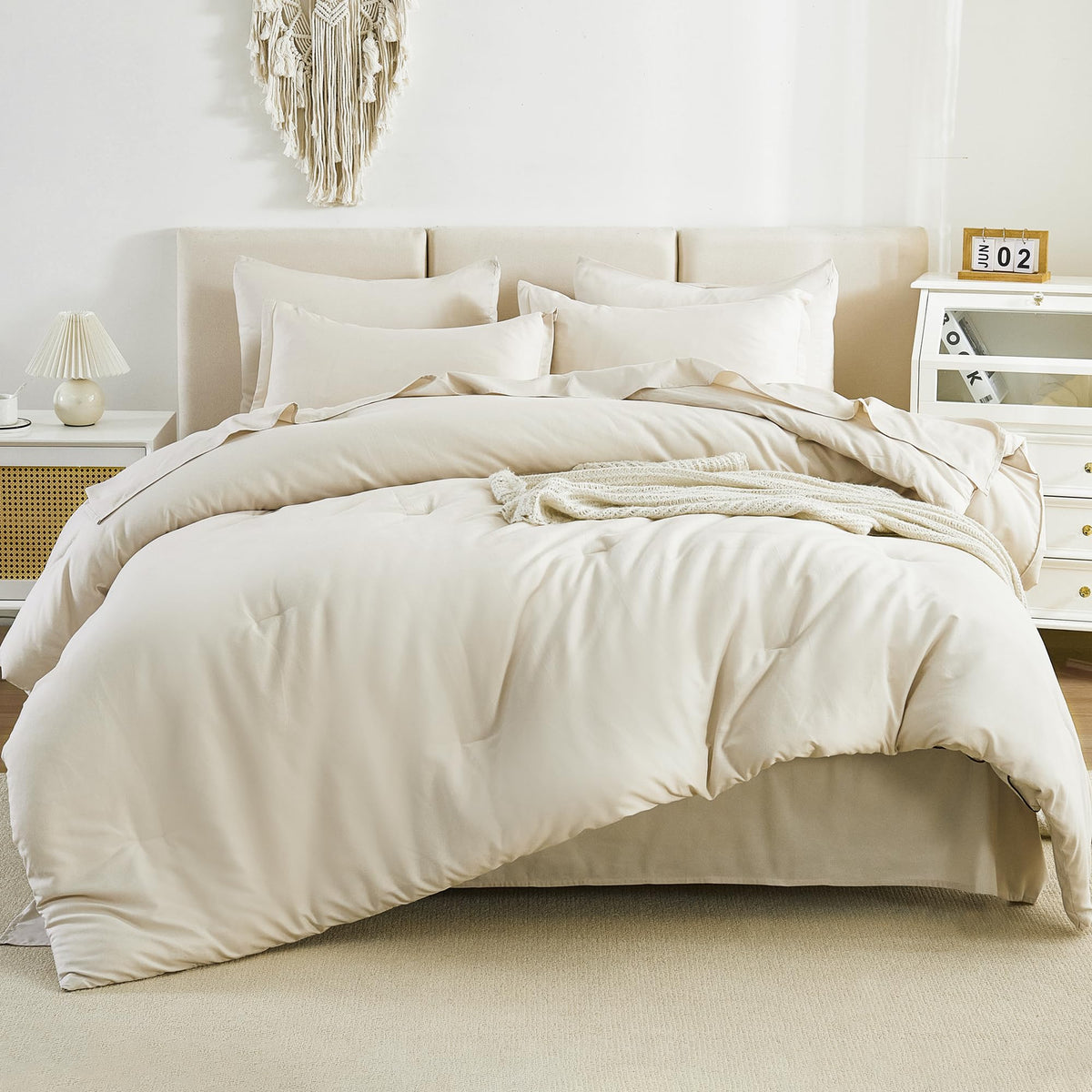 Litanika Bed In A Bag King Beige- 7 Pieces King Size Comforter Set Beddding Comforter Sets, Solid Fluffy Bed Set With Comforter,