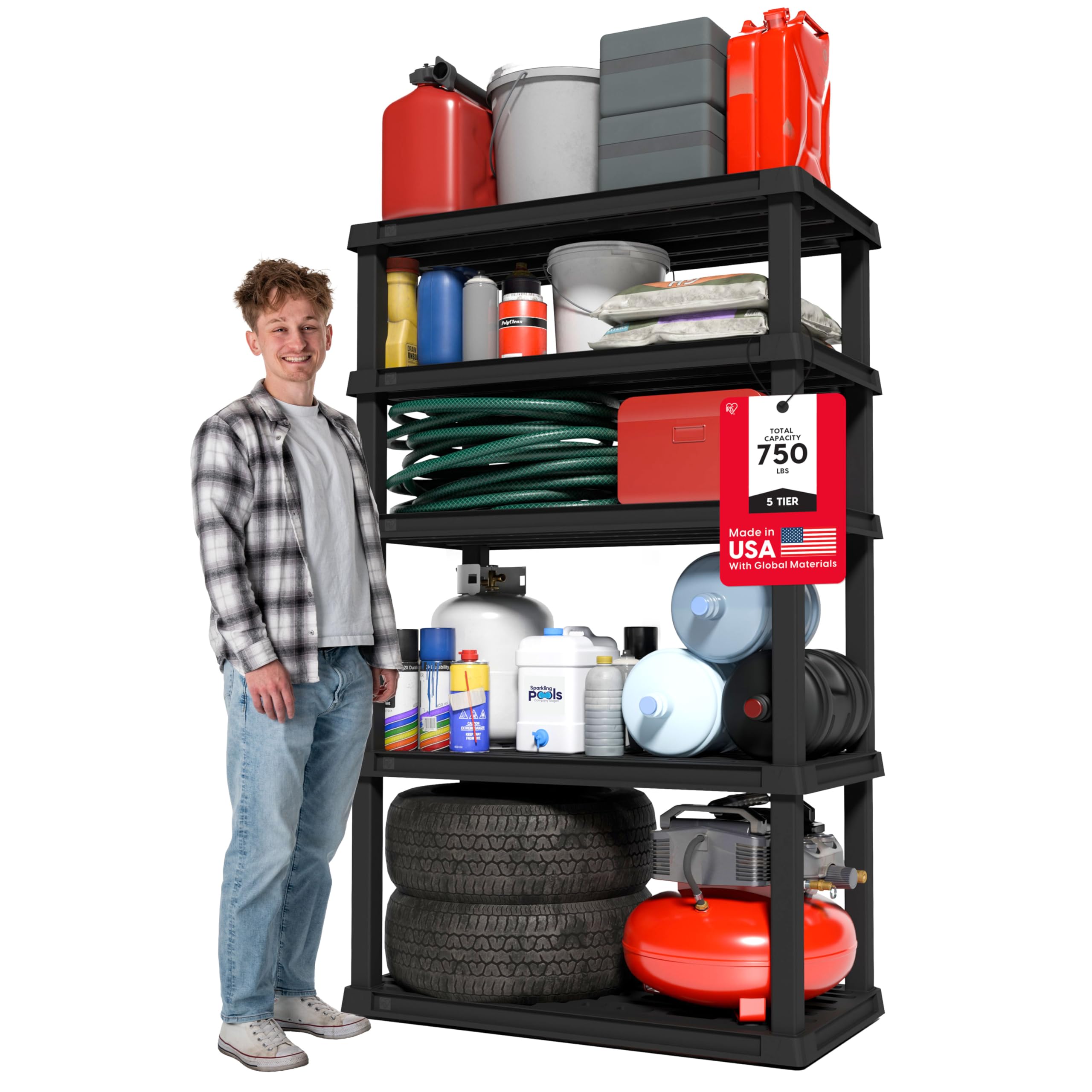 IRIS USA 5-Shelf Heavy Duty Plastic Storage Shelves, 750lb Capacity, 68 H x 36 W x 18 D, Large Modular Shelving Unit Storage Org