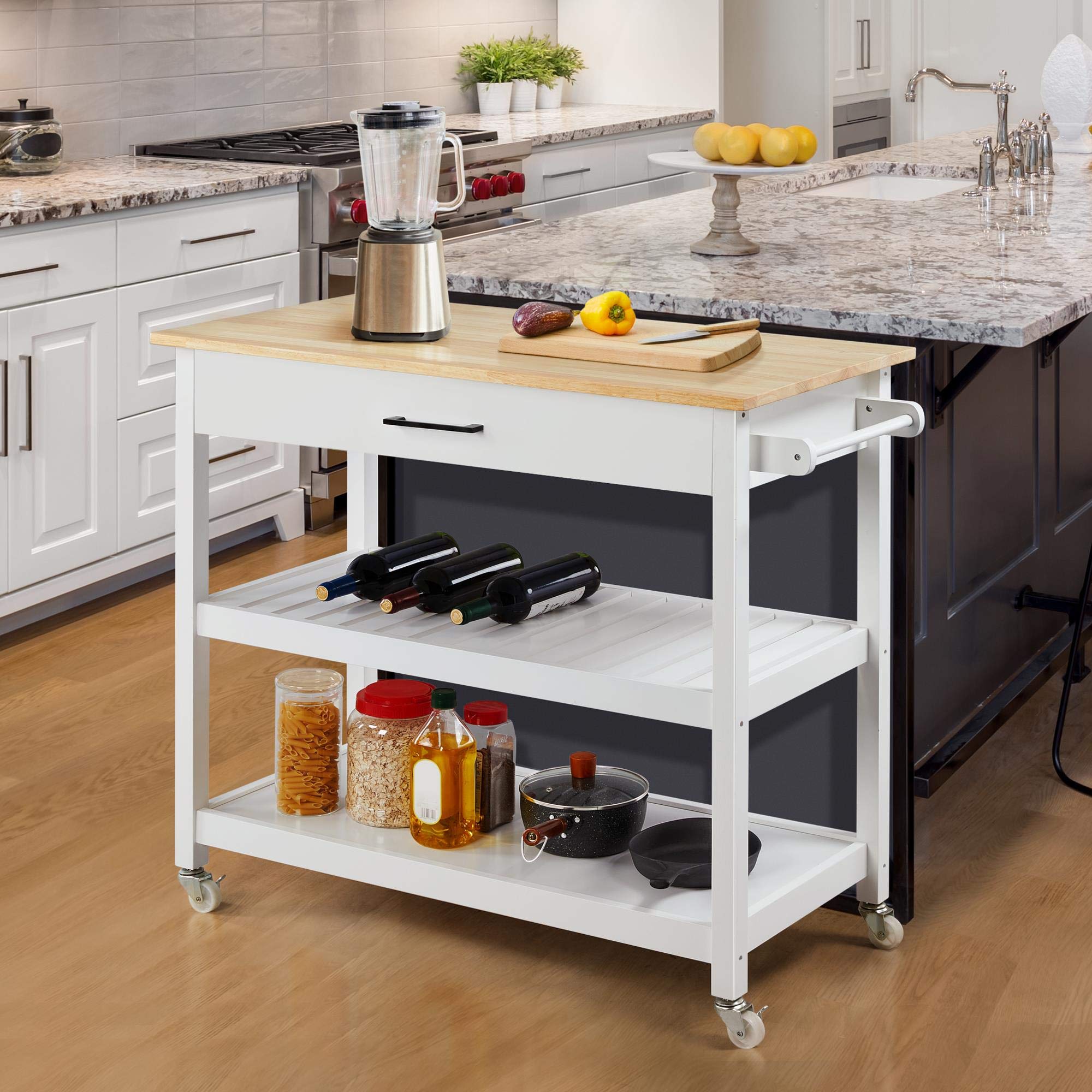 Yaheetech 40' Width Kitchen Island Cart On Wheels, 3 Tiers Rolling Utility Cart With Solid Wood Top And Drawer & 2 Spacious Storage Shelf, Serving Trolley For Dining Room, White